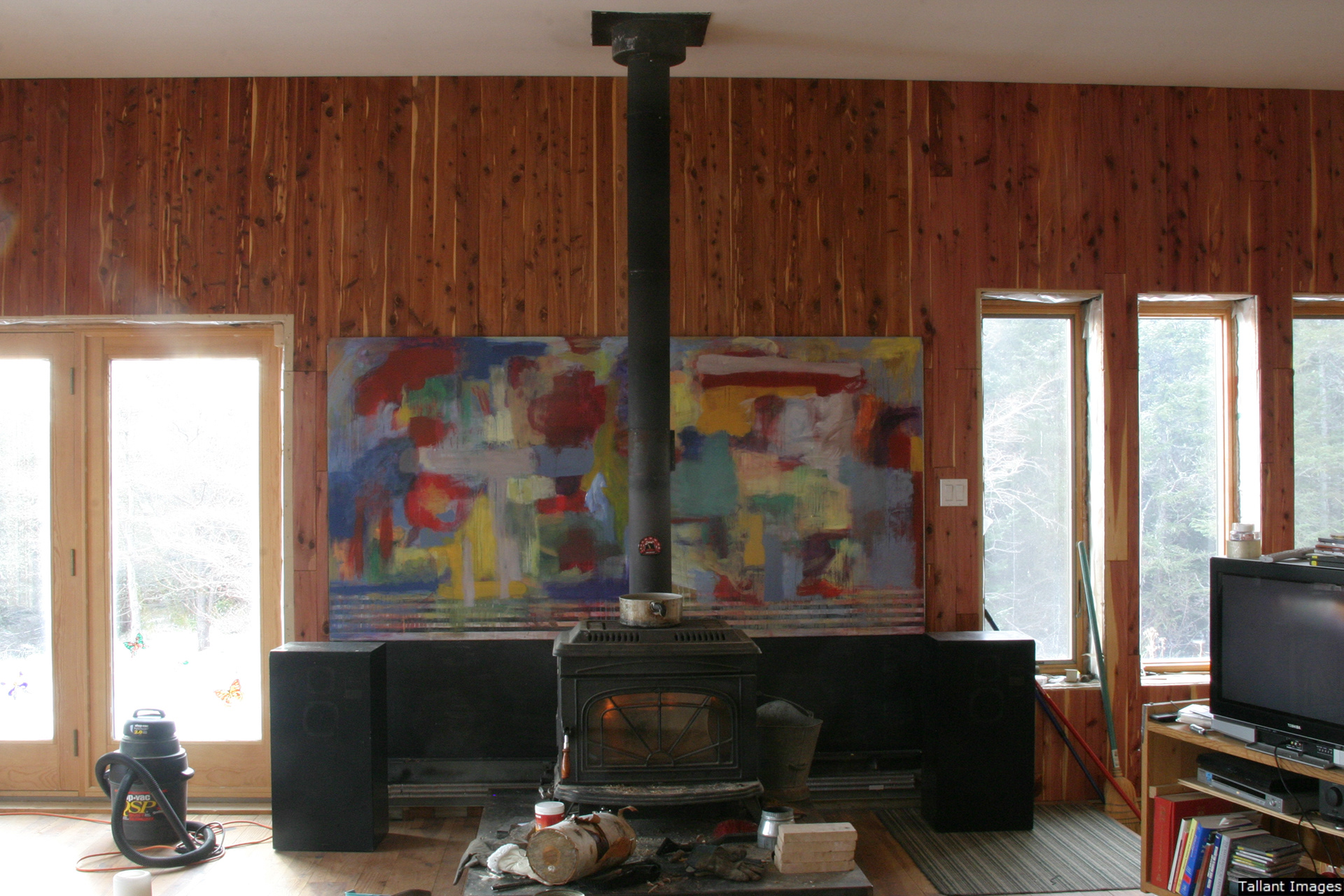 Great Room, Wood Stove, Painting by Rio de Janerio Artist