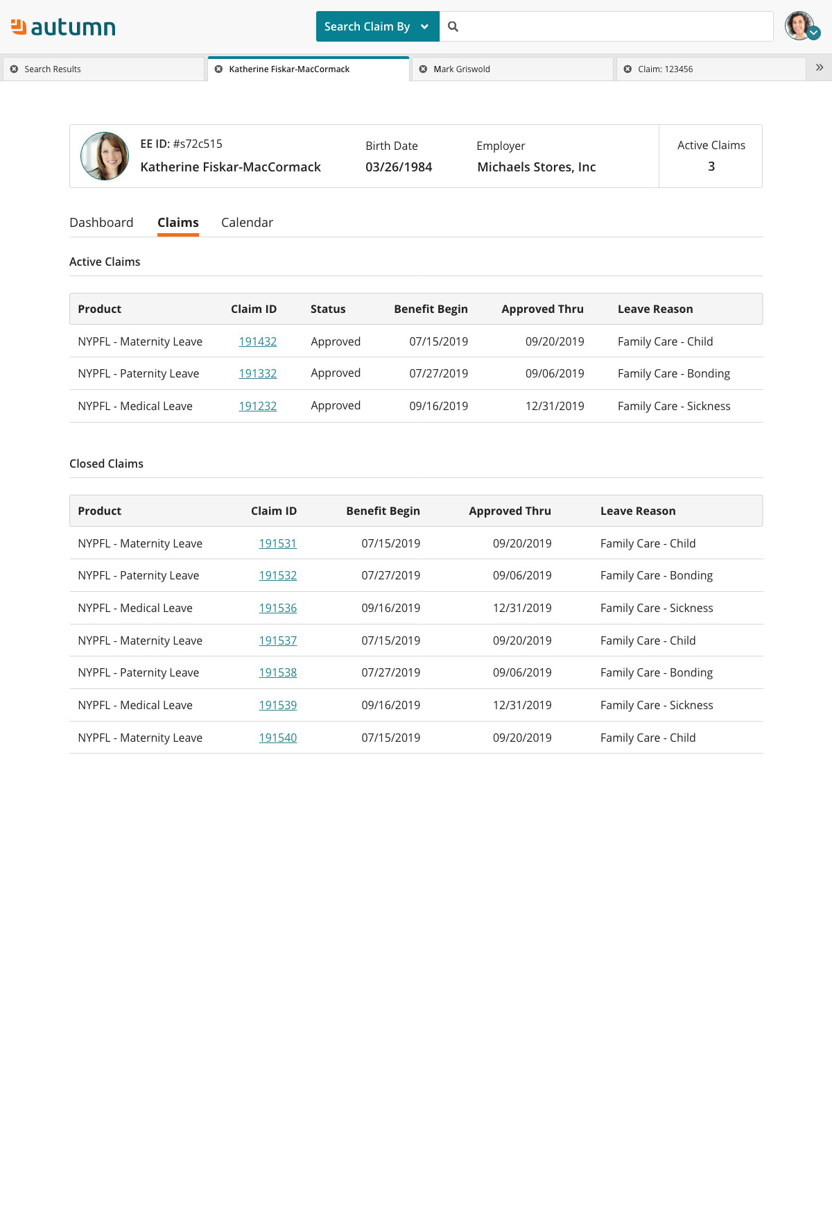 All Claims View - Where case managers can view active and past claims and there details
