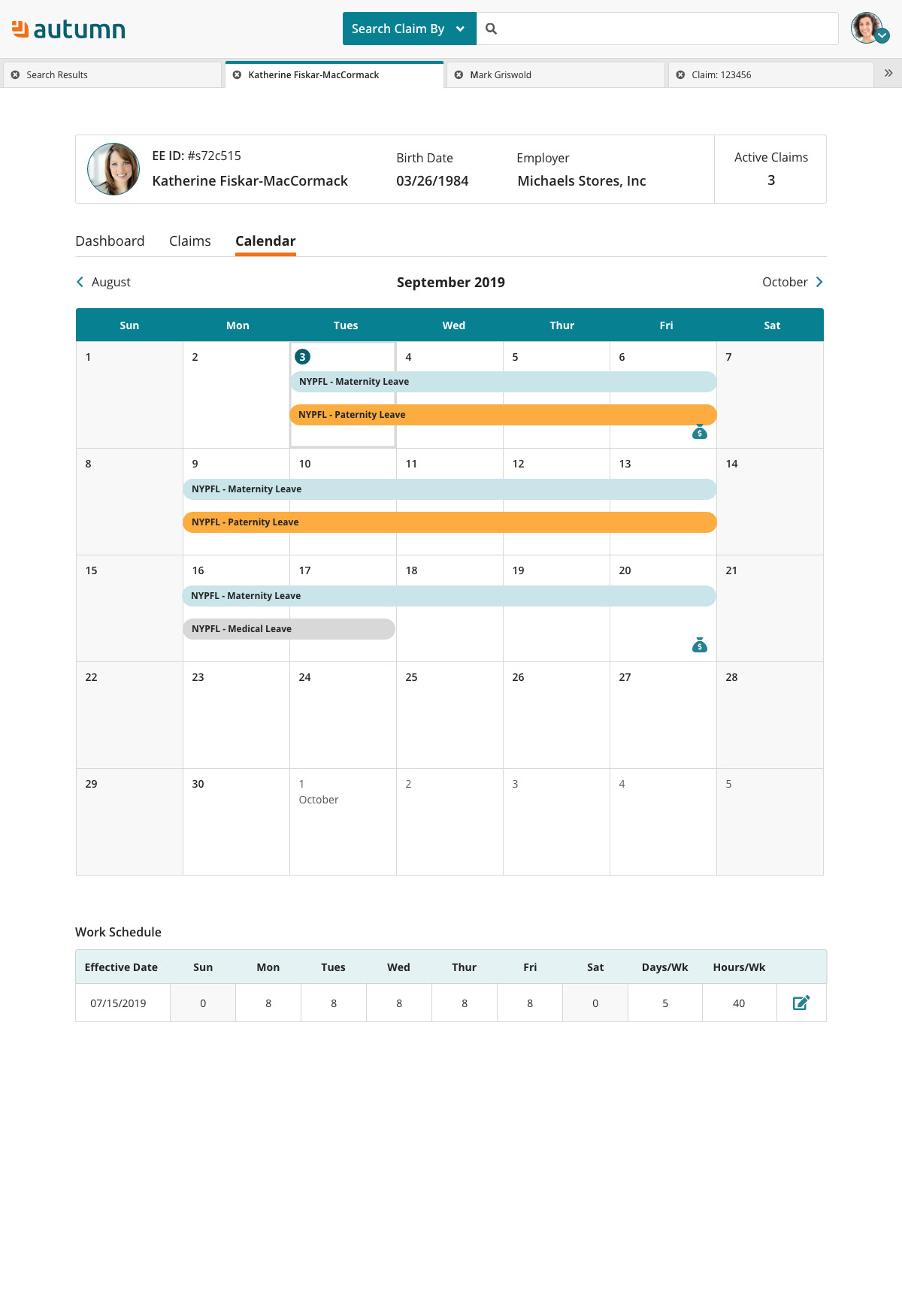 Calendar View - Where case managers can see a bird's-eye-view of an employee's entitlement and also make adjustments to their work schedule