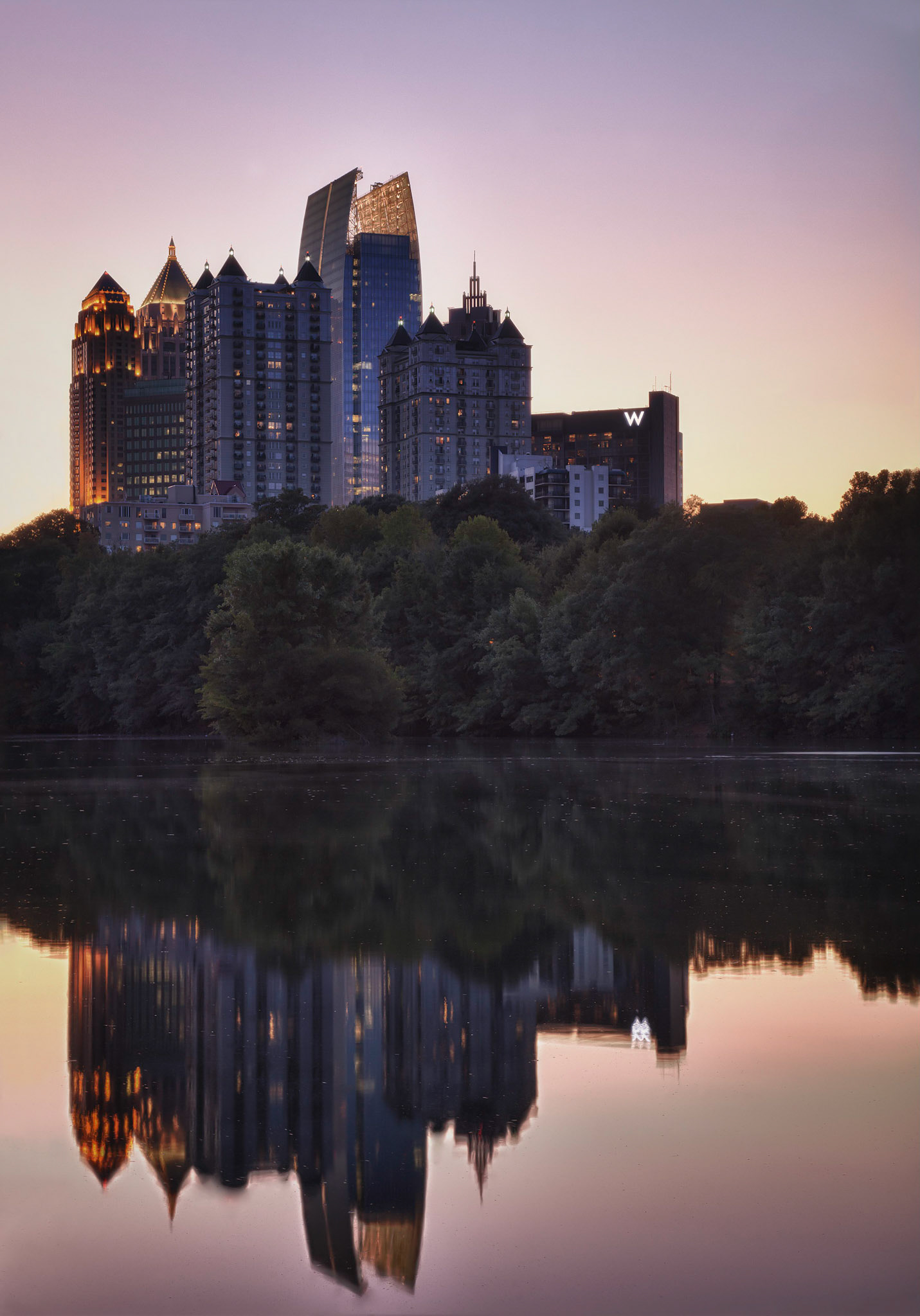 Atlanta skyline reflected in Piedmont Park's Lake Clara Meer. SPS Jan 2012