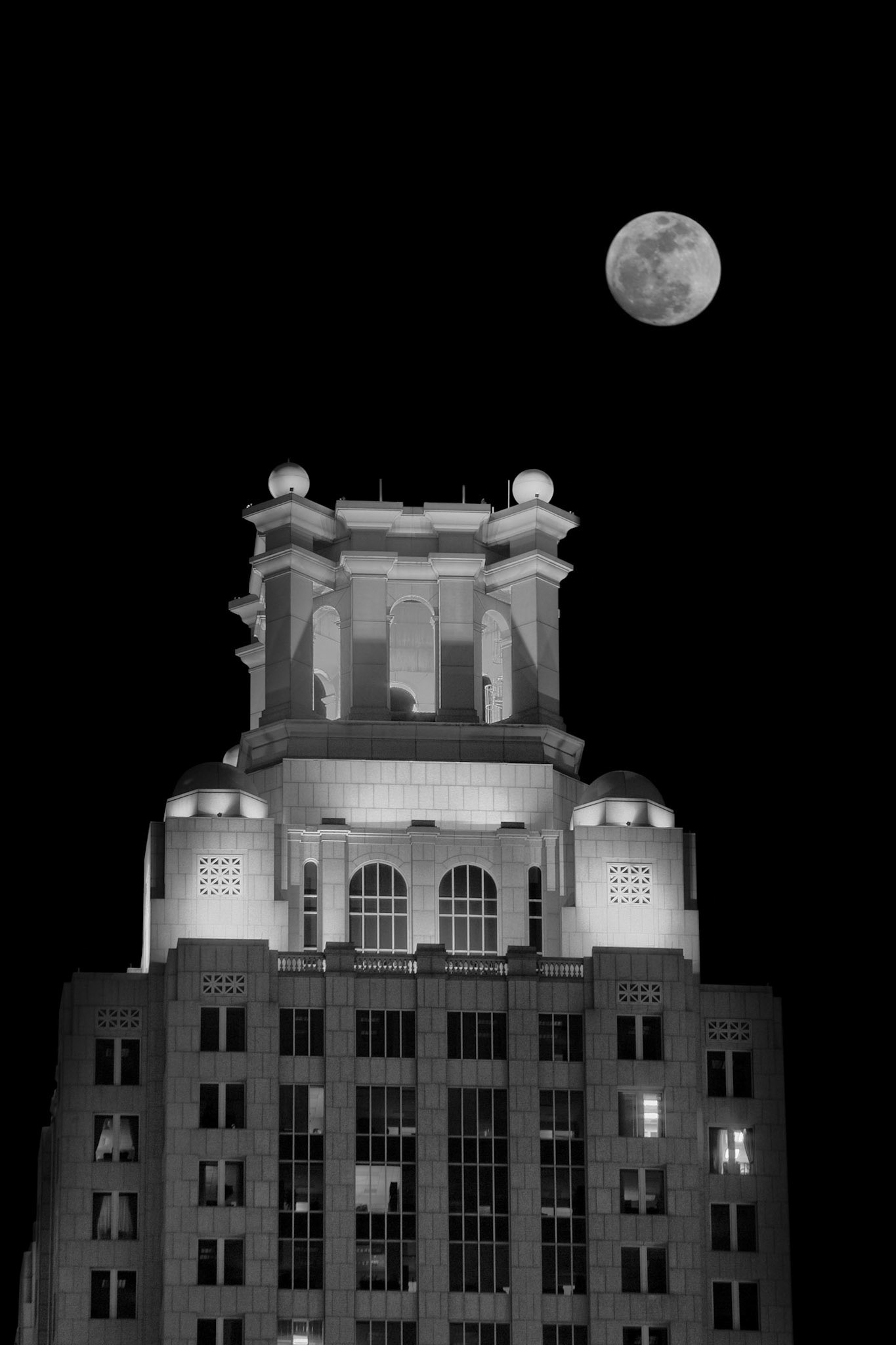 An iconic Atlanta building captured through multiple exposures in order to express all of its detail and textures under moonlight.