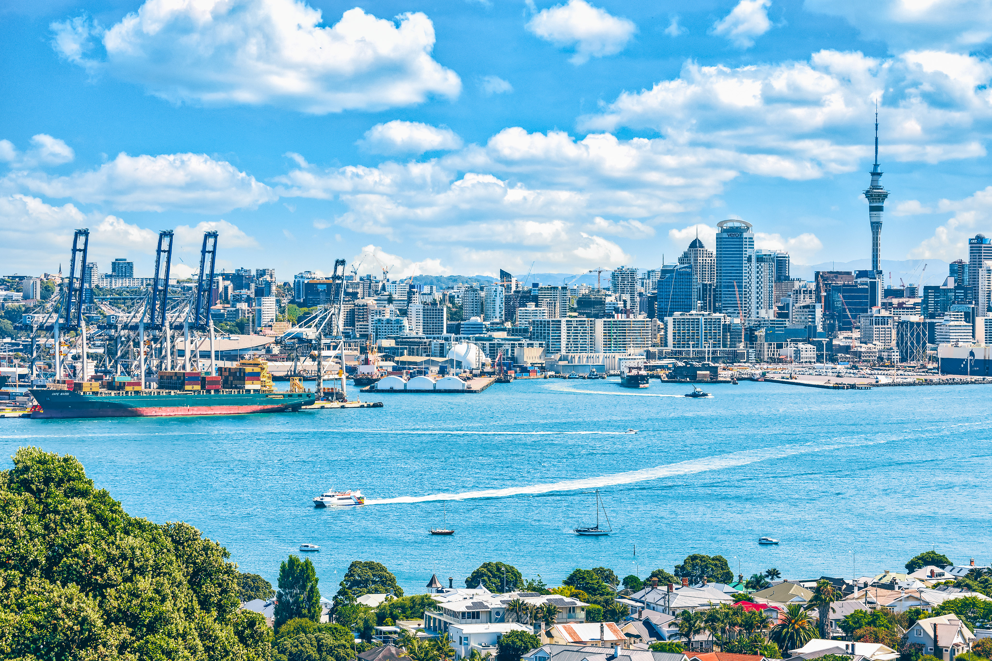 View from Devonport to the port of Auckland    