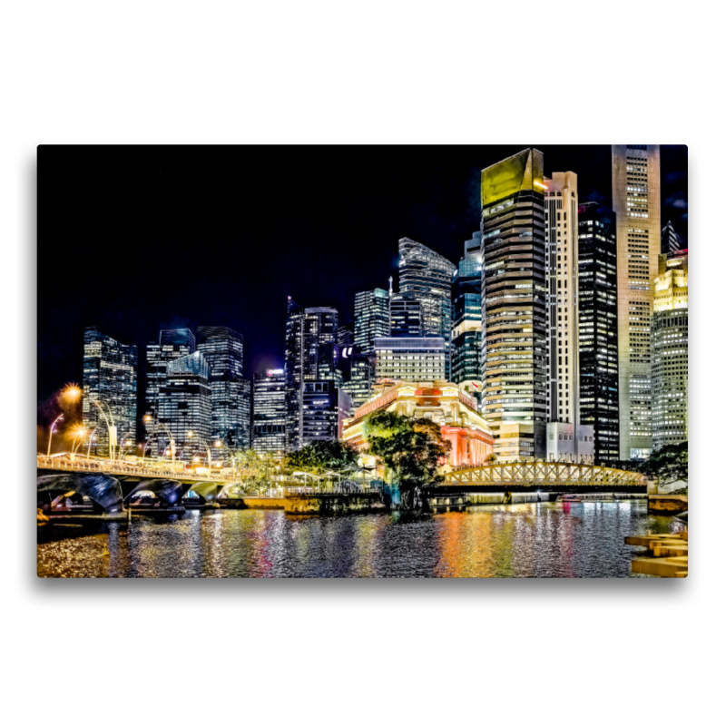Premium Textil-Leinwand - Singapur River mit der Esplanade und der Anderson Brücke