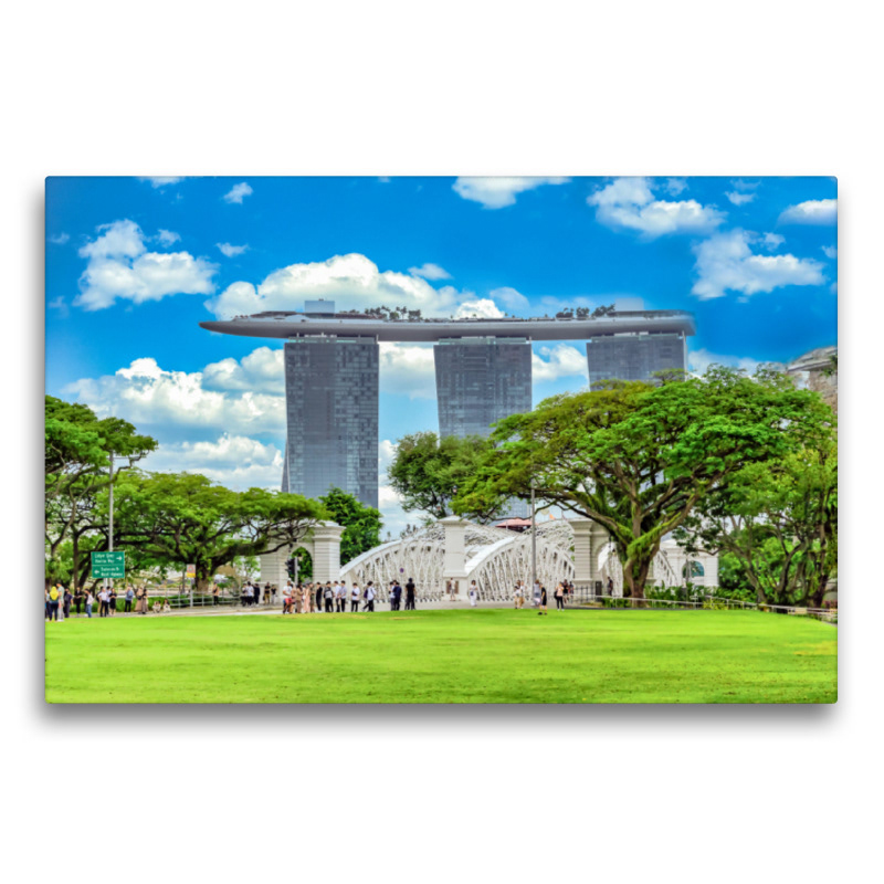 Premium Textil-Leinwand - Singapur - Asiatische Lifestyle Metropole Anderson Bridge mit dem Marina Bay Sands Hotel