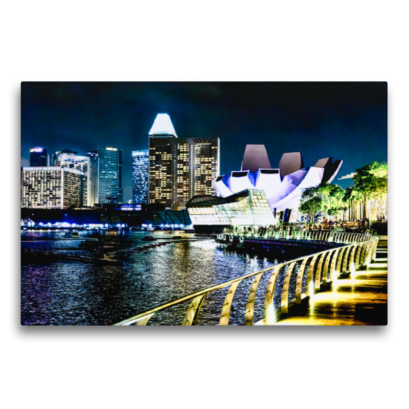 Premium Textil-Leinwand - Promenade mit dem ArtScience Museum in Singapur