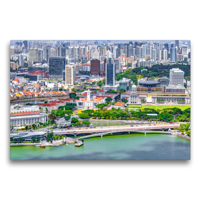 Premium Textil-Leinwand - Singapur - Asiatische Lifestyle Metropole Esplanade Bridge mit dem Merlion und der National Gallerie
