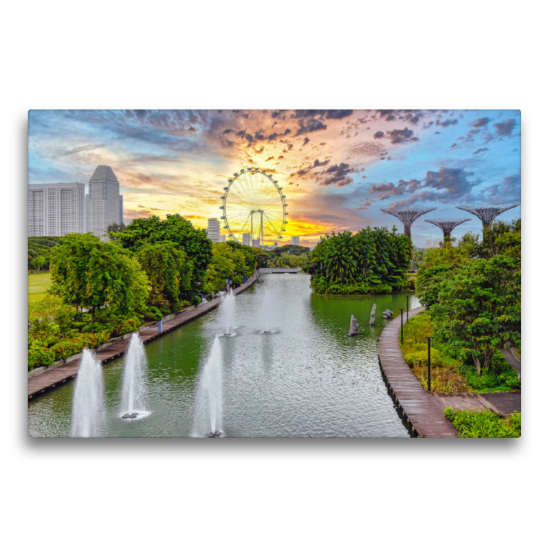 Premium Textil-Leinwand - Singapur - Asiatische Lifestyle Metropole Gardens by the Bay mit dem Singapur Flyer