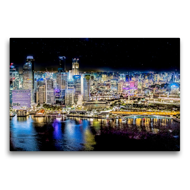 Premium Textil-Leinwand - Singapur River mit der Skyline des Central Business Districts