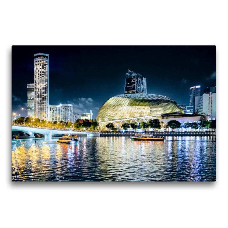 Premium Textil-Leinwand - Singapur - Asiatische Metropole bei Nacht Esplanade Theatres on the Bay mit der Esplanade Brücke
