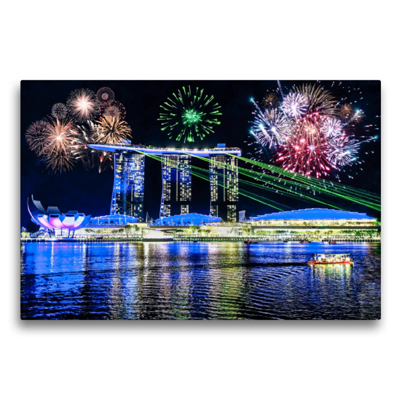 Premium Textil-Leinwand - Lasershow des Marina Bay Sands Hotels in Singapur