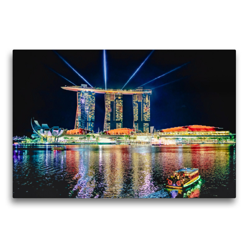 Premium Textil-Leinwand - Singapur - Asiatische Metropole bei Nacht Lasershow des Marina Bay Sands Hotels