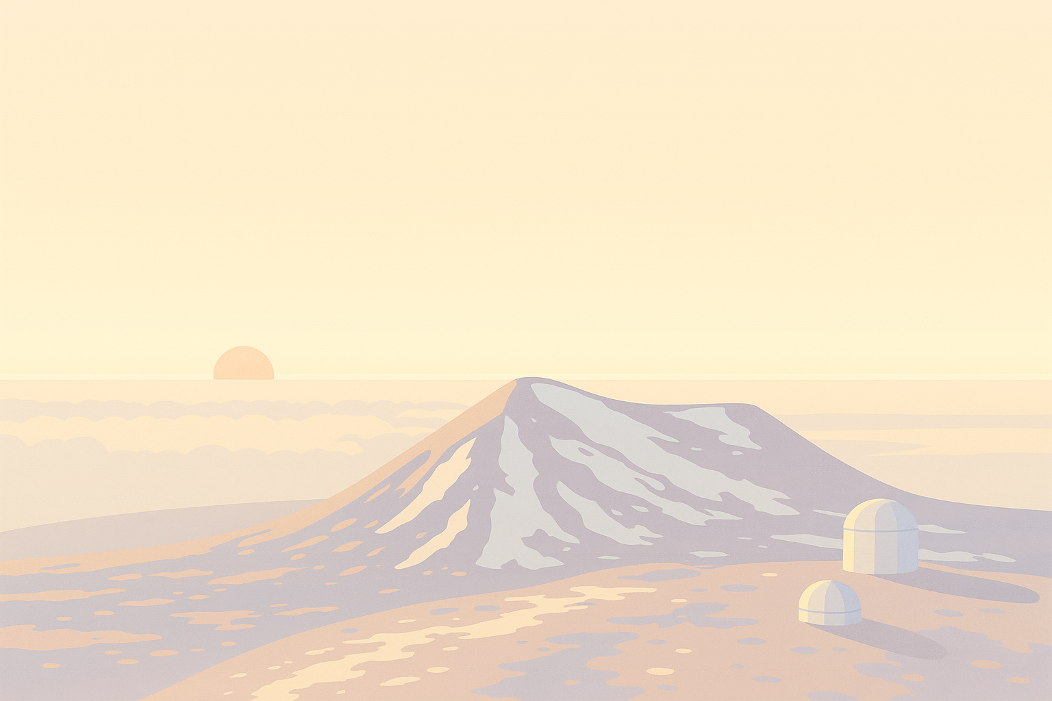 An illustration of Mauna Kea, home to Poliʻahu, the Hawaiian goddess of snow. The mountain stands tall under a clear sky, its slopes untouched by volcanic activity, reflecting the serene and icy embrace of Poliʻahu’s presence.