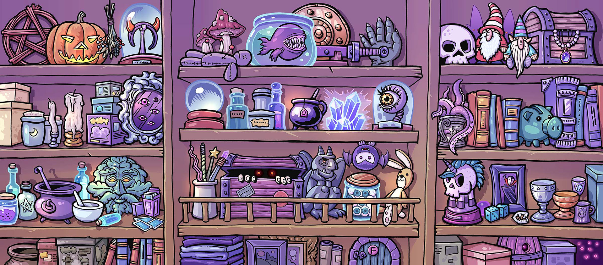 Funny illustration of shelves full of strange magical items and creatures