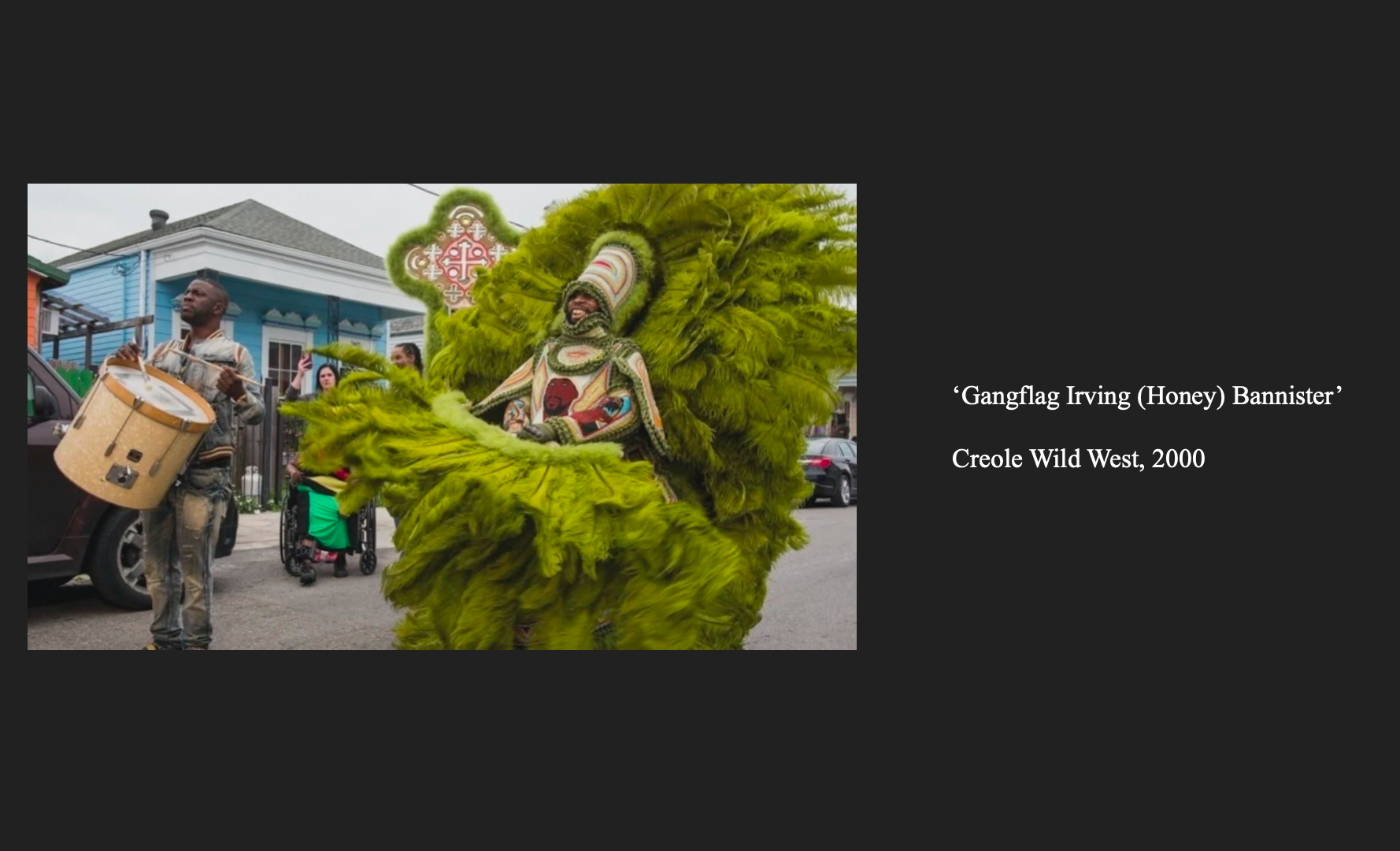 The last artist I chose was Tootie Montana of the Mardi Gras Indians, who takes the Caribbean tradition of bands and indigenous dress silhouettes to participate in Mardi Gras. They are named the Mardi Gras Indians to pay homage to the support Indigenuos communities gave to freeing enslaved African peoples. These costumes are typically created by Black men and the way that a band becomes the most popular is based on how pretty they are. This shows the defiance and freedom within play. Women are typically confined into doing the sewing for costumes, but in this tradition Black men, who are typically not allowed to express themselves in this way, do the sewing and are rewarded for being the prettiest. This form of play is transgressive, and I hope in reclaiming my own idea of play as a Black woman, I am able to break individual and societal barriers. All of these practices touch at the heart of catharsis and transgression and I wanted to reflect that in my own work. I want to offer anybody who comes into this exhibit a chance to reclaim their idea of play, and utilize it throughout their own healing journeys.