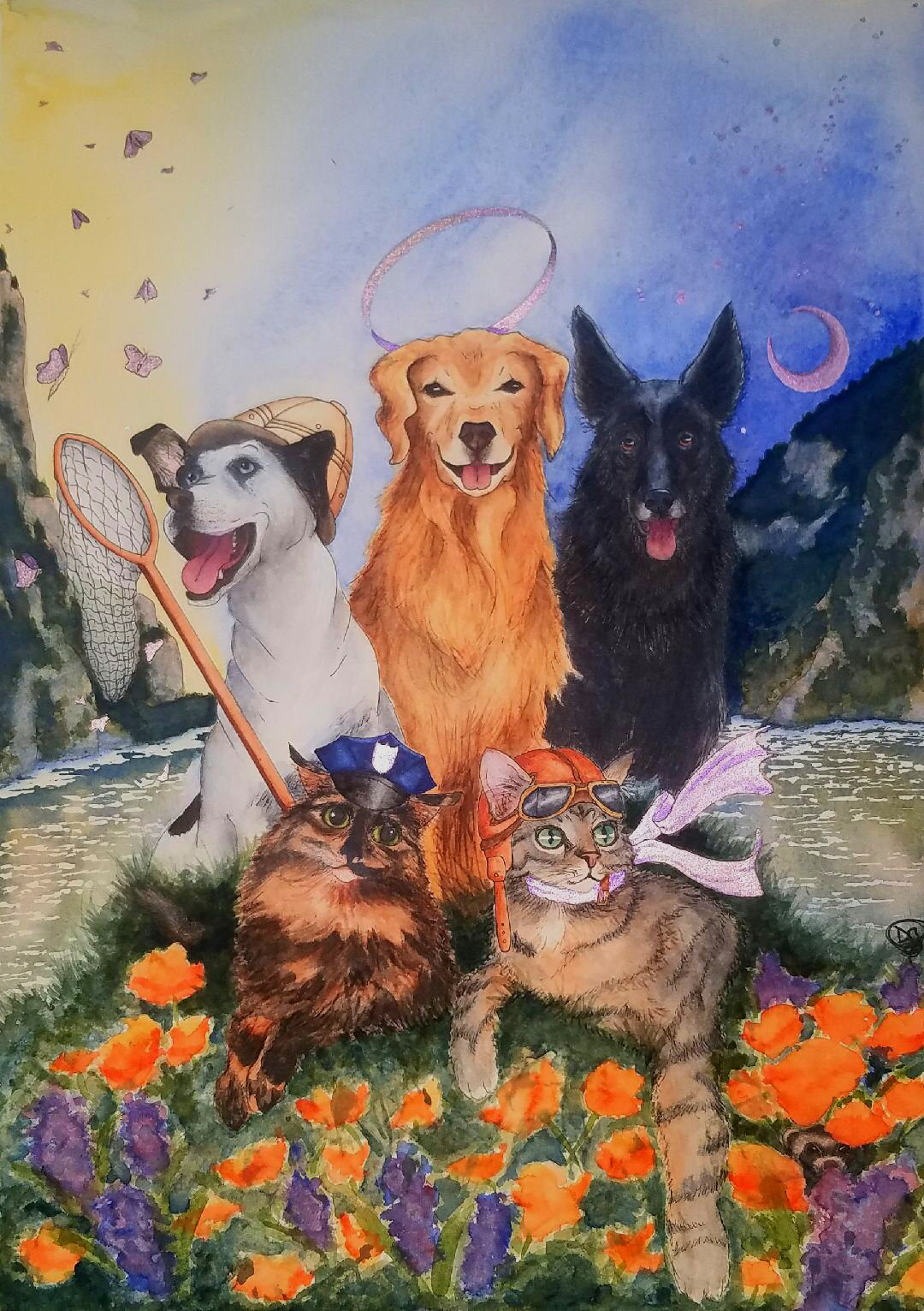 Pet portrait commissioned as a wedding present. Requested that each animal's personality be expressed in a whimsical way. Pen, watercolor, and Coliro iridescent watercolor.