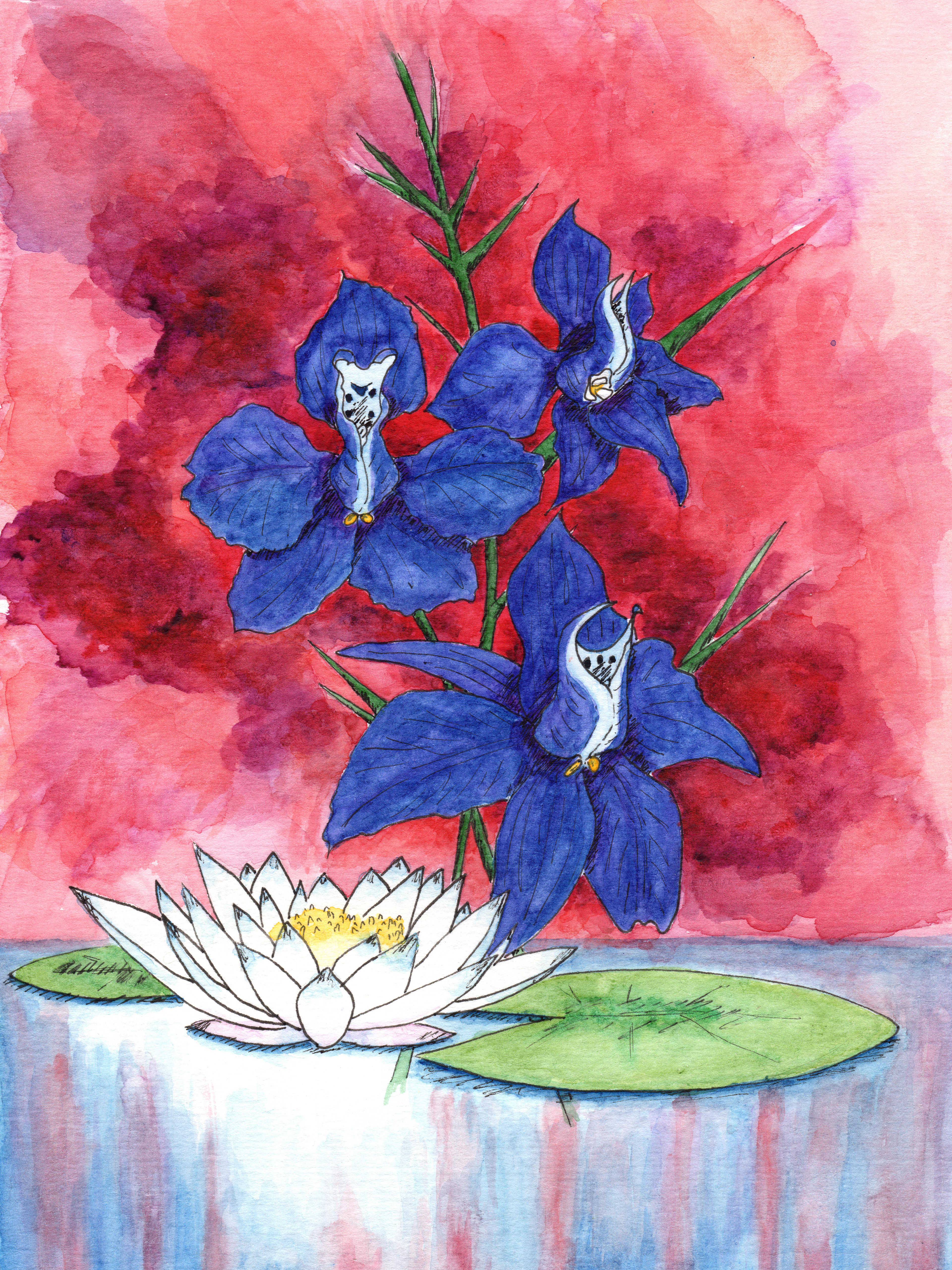 "July: Ruby, Delphinium & Water Lily."
