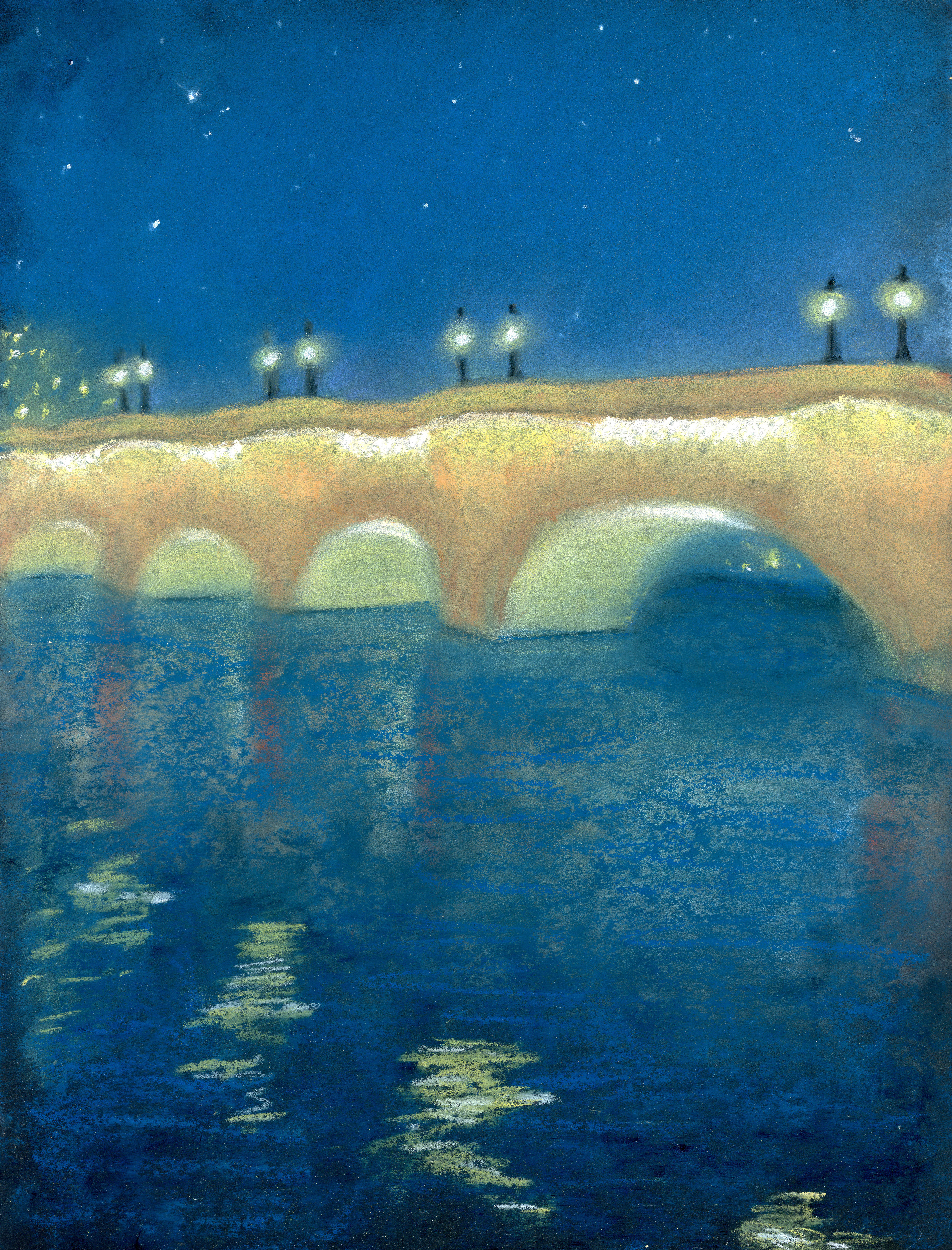 "Paris Twilight." Nupastel on black Strathmore Artagain paper. 9 x 12.