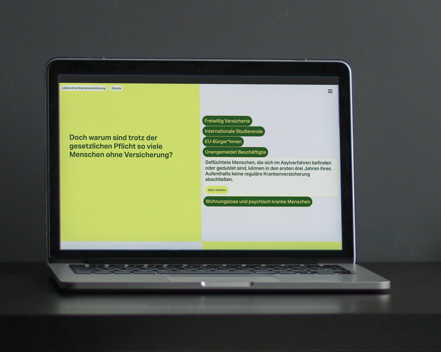 Webstory (concept + design) on the situation of people without health insurance in Tübingen | Funded by Takt e.V. | Formate des Dialogs in cooperation with the Asylzentrum Tübingen | 2024