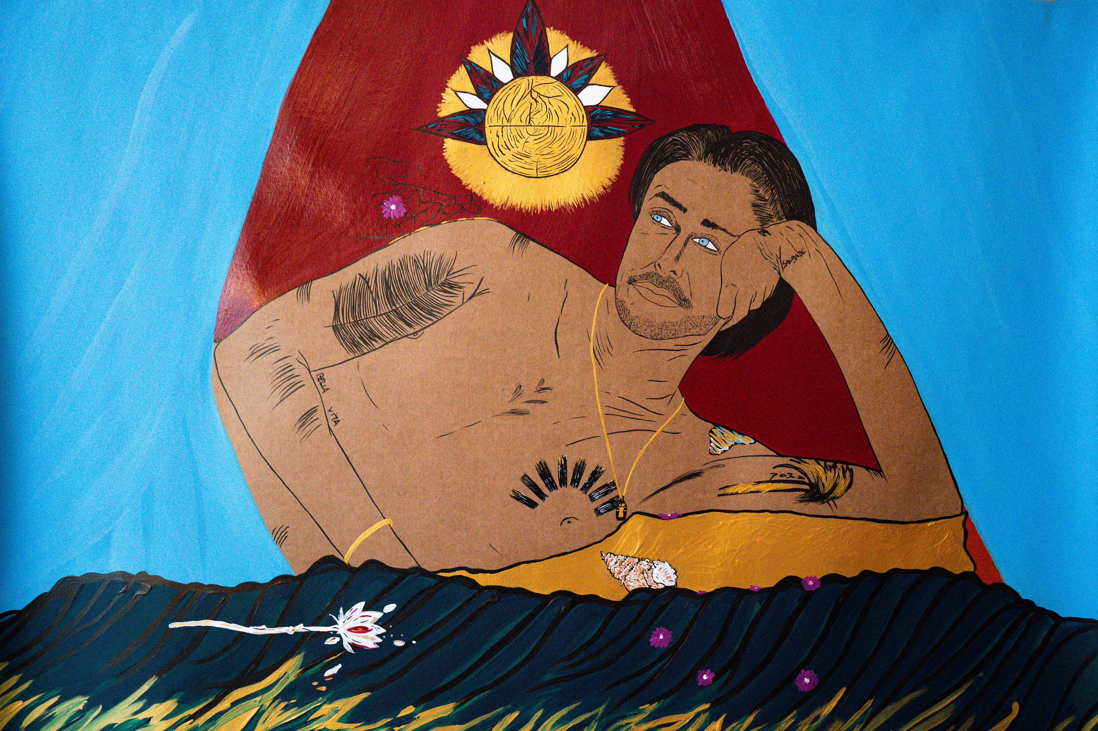 “Tattoos and seashells.” 2025. 76x112cm. Indian Ink and Acrylics.