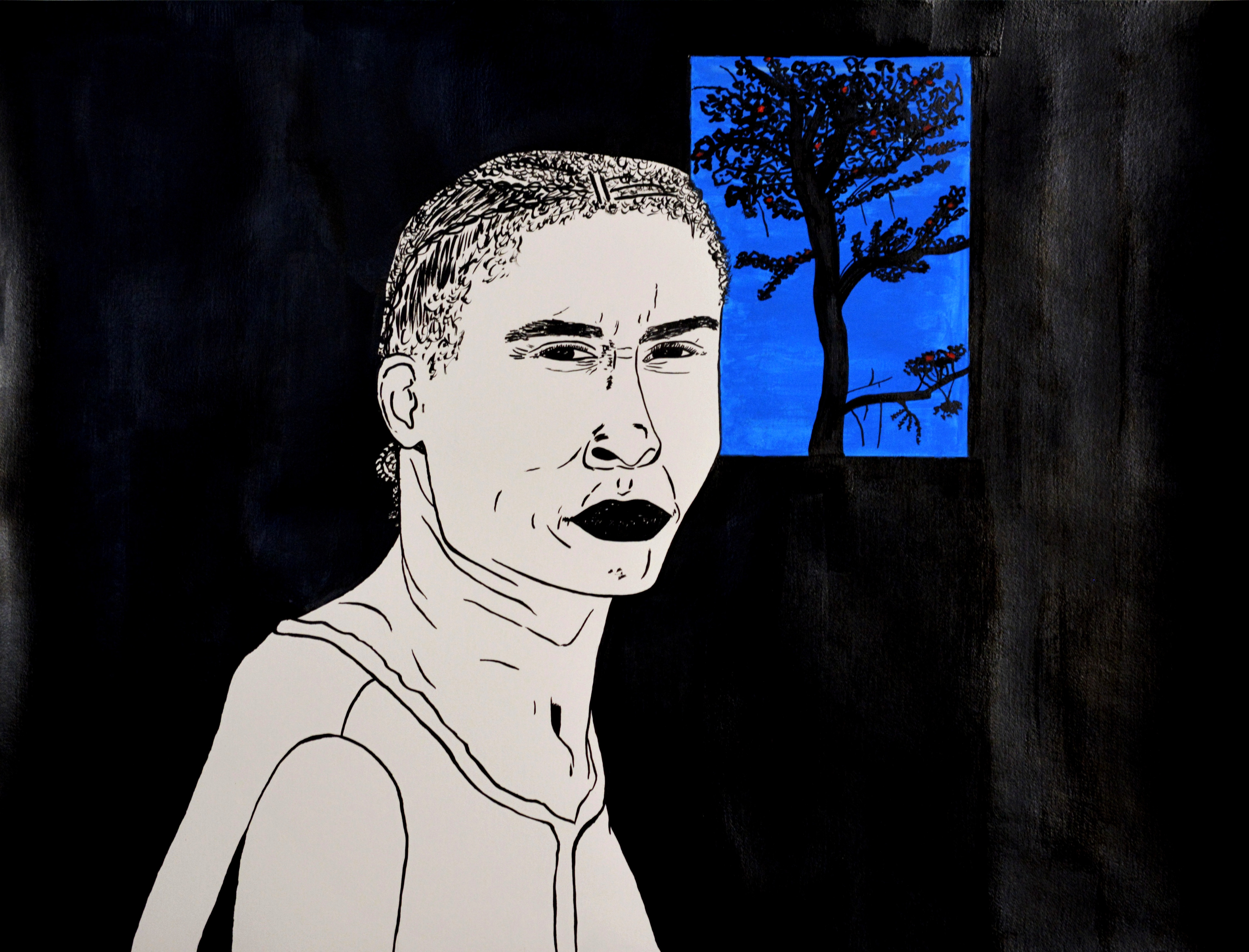 Fenêtre sur forêt. Encre de Chine et acryliques.