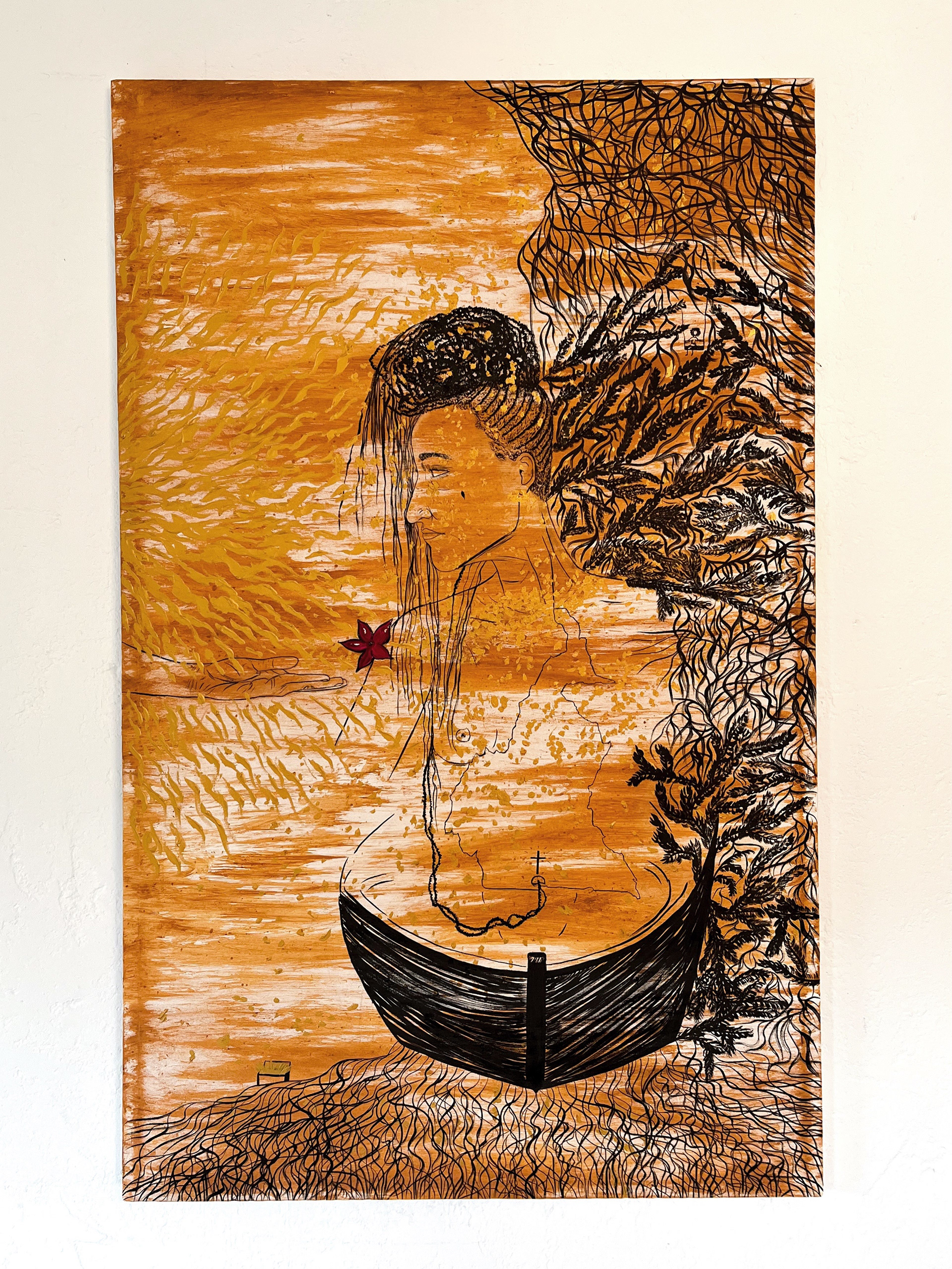 HOME COMING - Autoportrait, 2026, Encre de Chine, terre du village maternel et acrylique sur toile. 143x89,5cm.