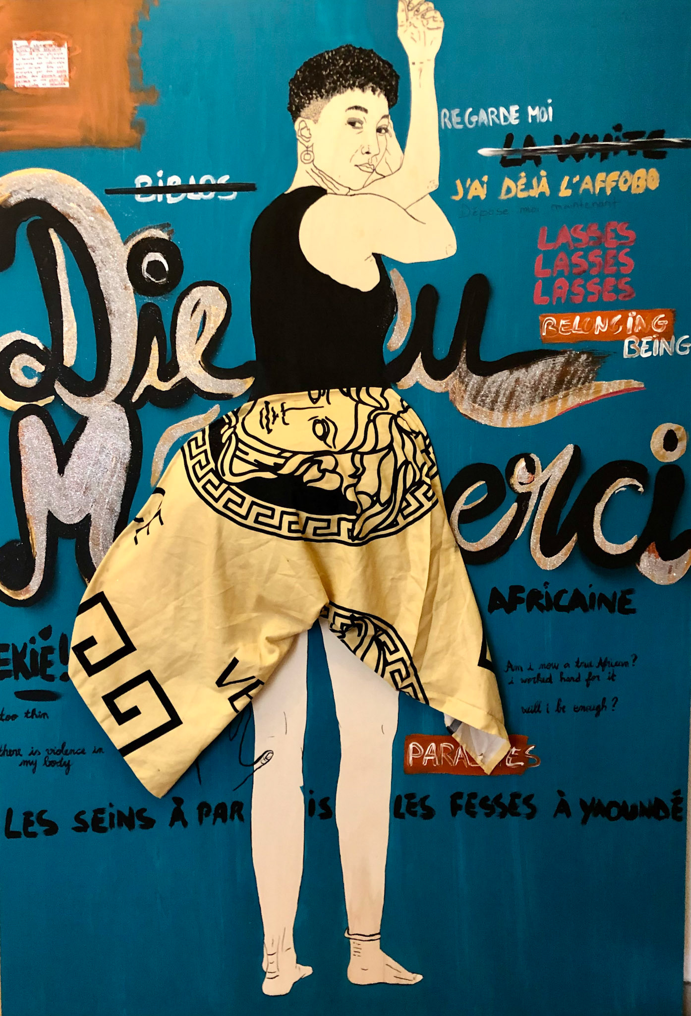 Dieu Merci, 2024, 180x120, Acryliques, Encre de Chine, Tissus et Paillettes sur bois. (Prix sur demande)