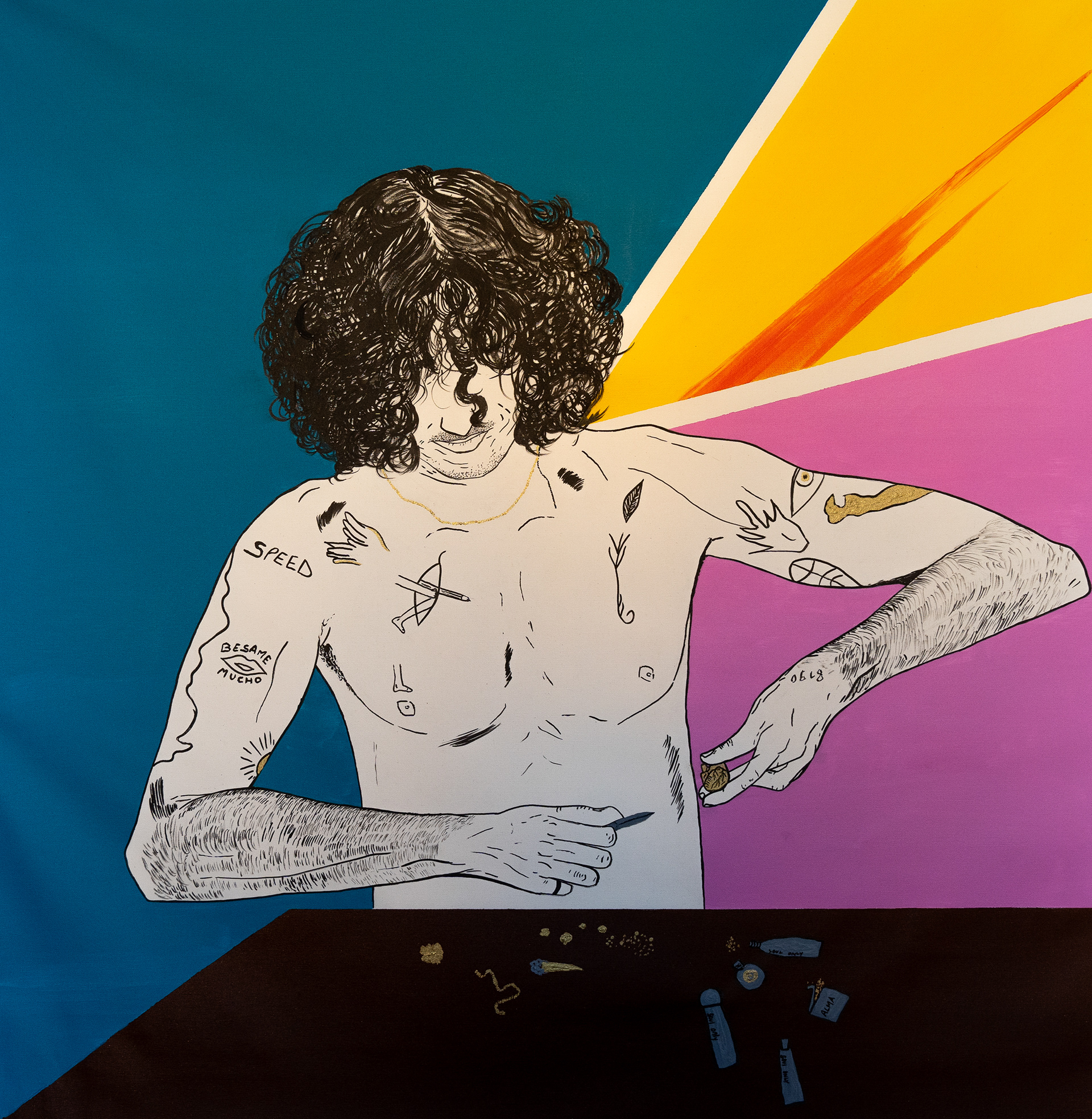 Mecânica do Coração (Mécanique du cœur) — 2025  Acrílicas e tinta nanquim sobre tela sem chassi 95 × 95 cm. €1,800