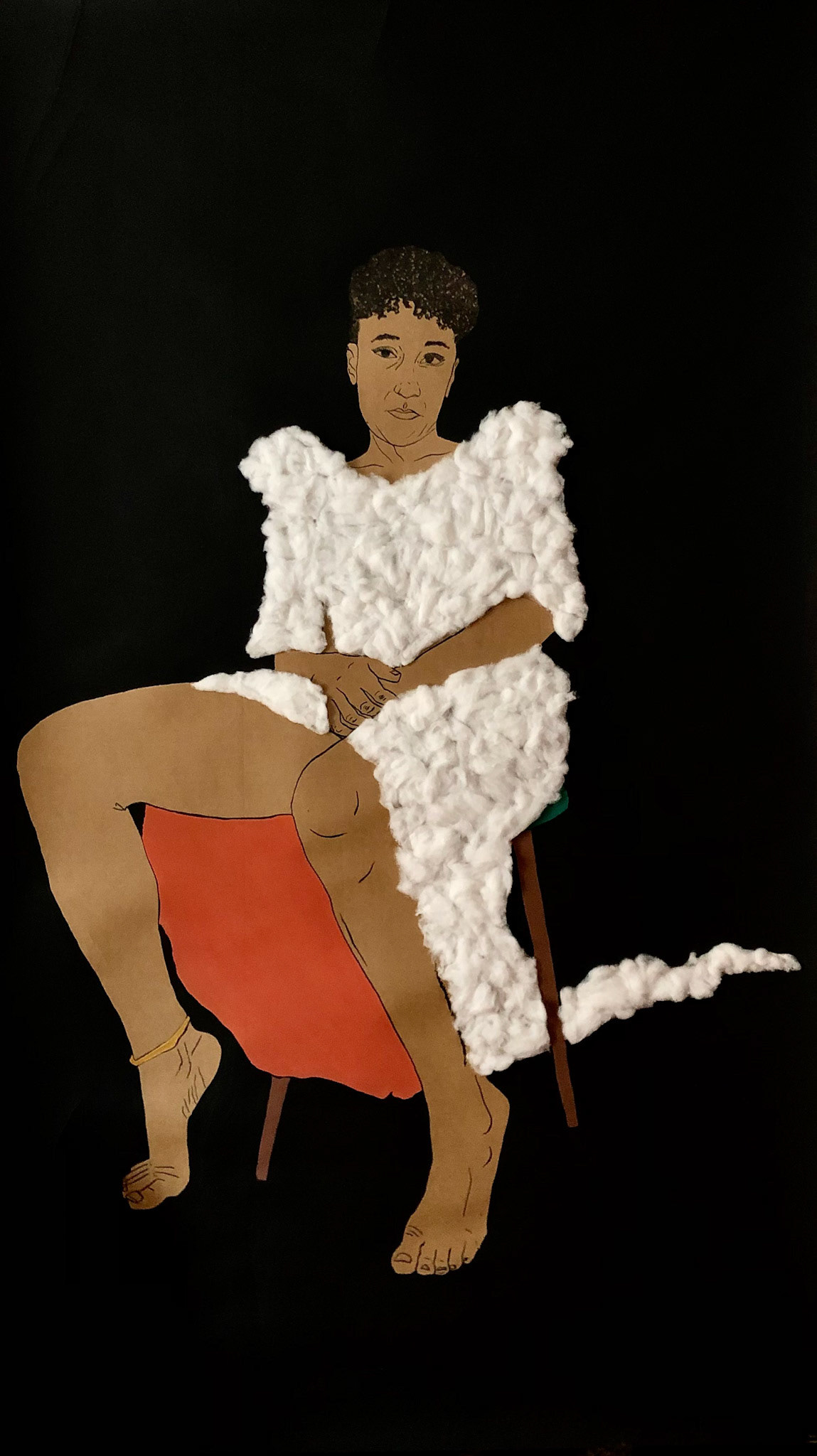 Désenchantée, 2024, 170x97cm, Acryliques, Encre de Chine et Coton sur papier kraft. (Prix sur demande)