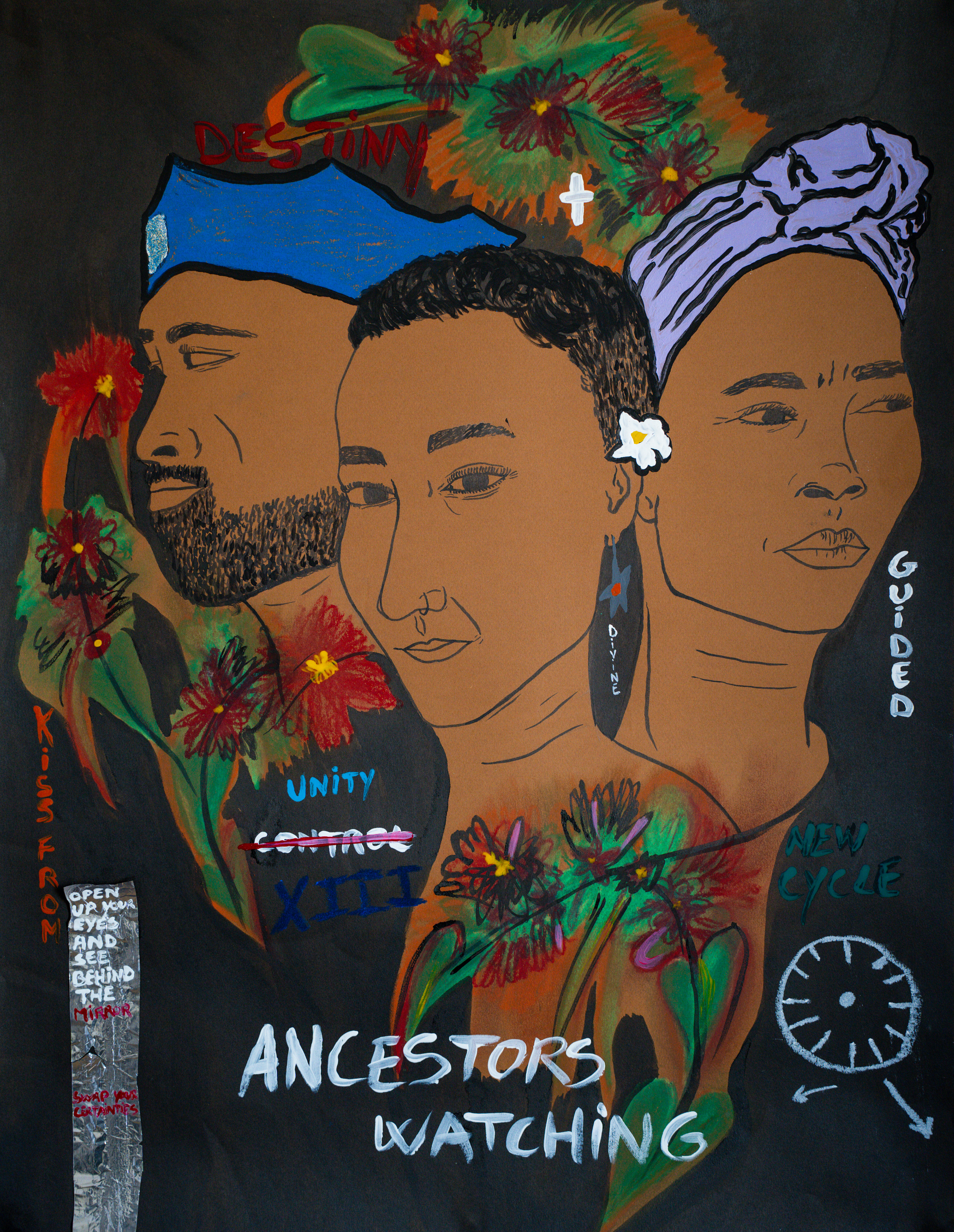 Ancestrais Observando (Ancestors watching) — 2025  Acrílicas, tinta nanquim, pastéis e alumínio sobre papel marrom 65 × 50 cm. €850