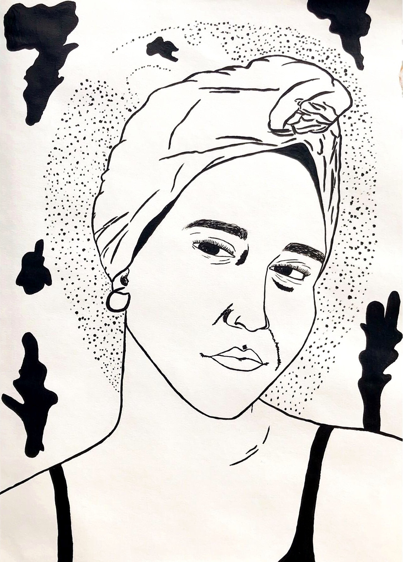 La tête dans les étoiles. Encre de Chine.