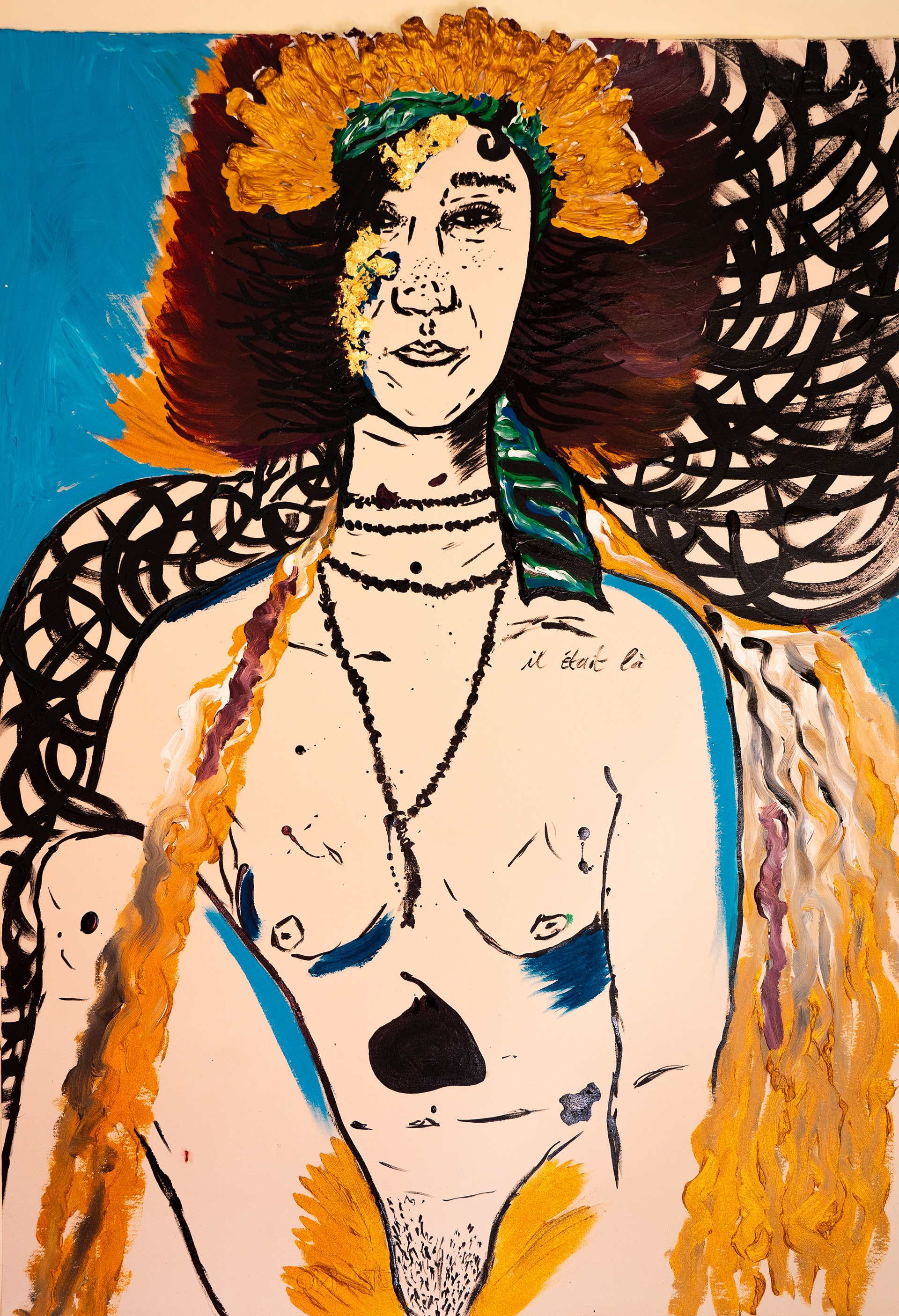 Hotel Night, 2025  India ink, acrylic, garden flowers and gold flakes on thick Fabriano paper 80 × 70 cm €2,200