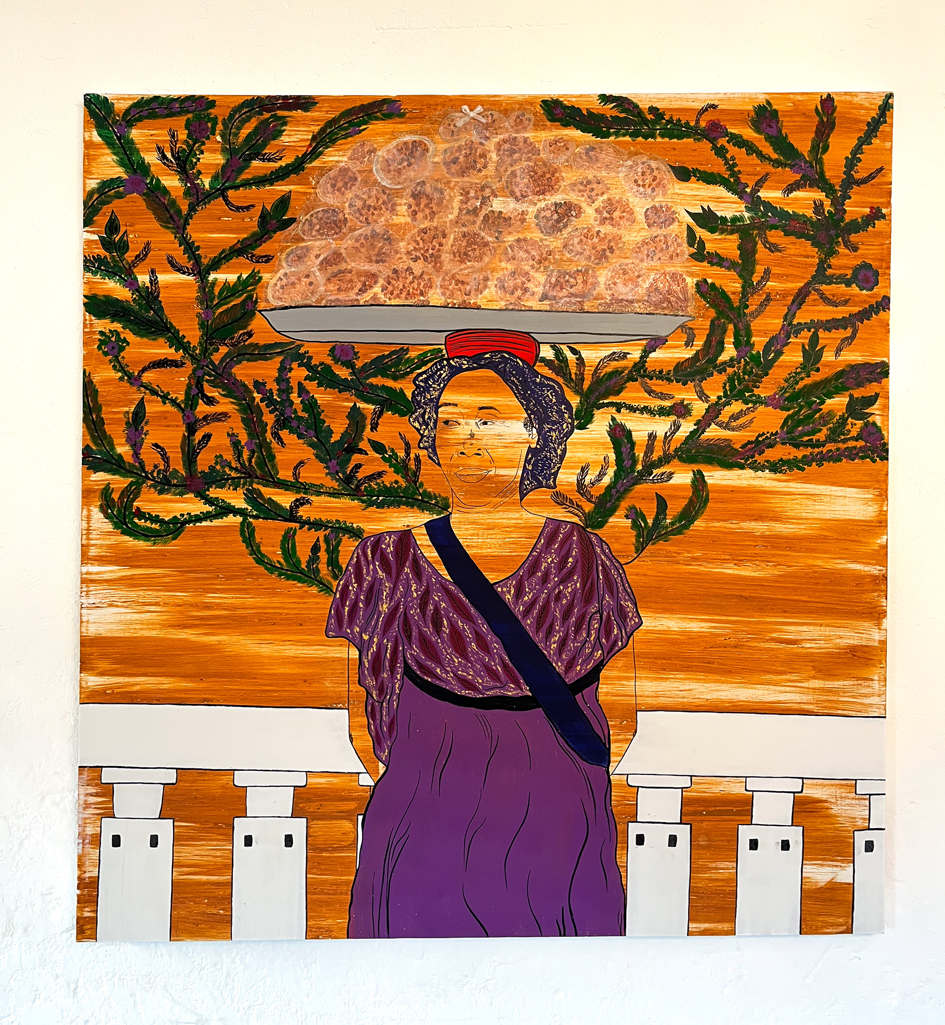 HOME COMING - Mama owondo Viviane, 2026, Encre de Chine, terre du village maternel, acrylique et plastique sur toile. 140x135cm