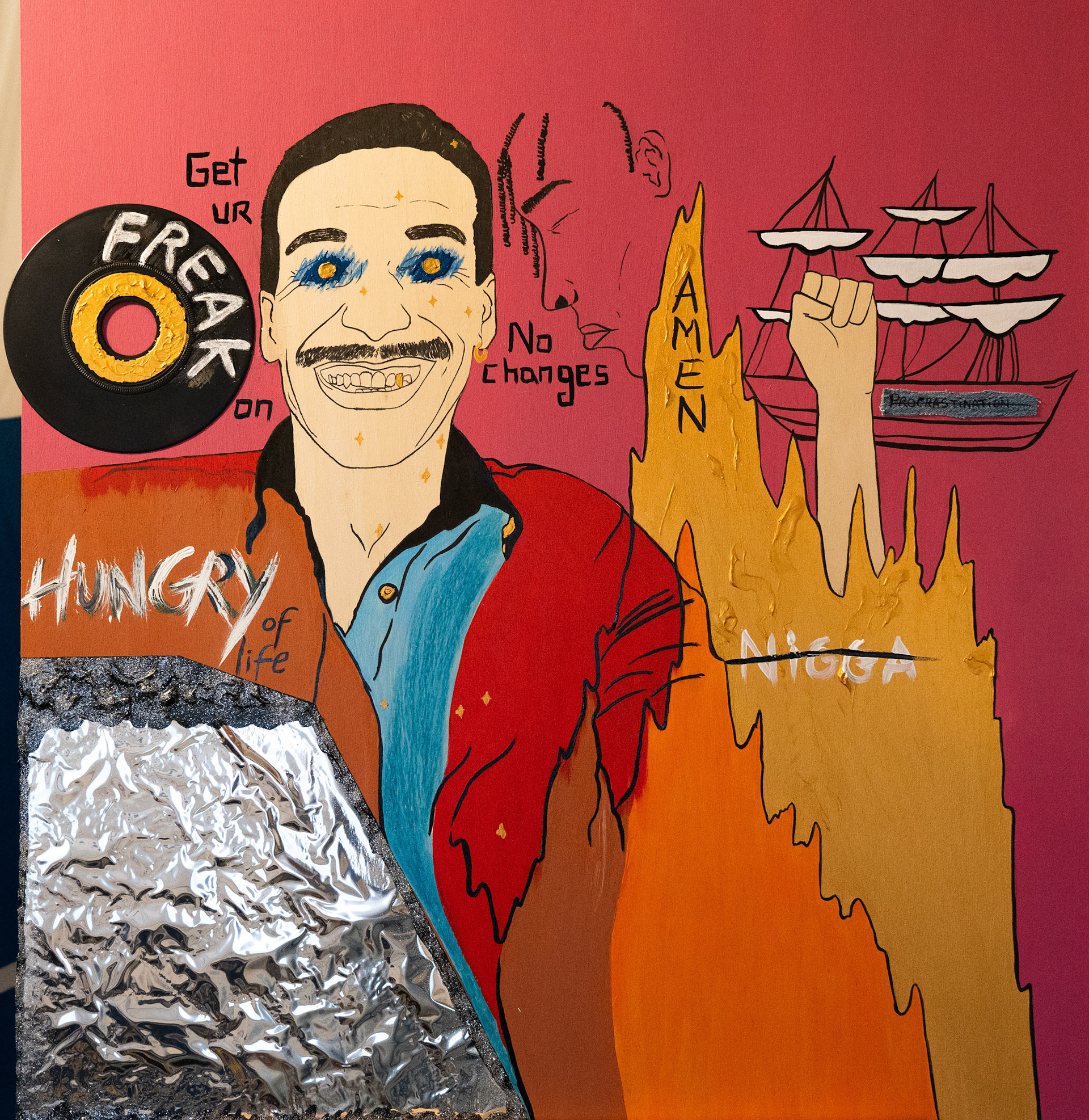Hungry, 2025, Encre de Chine, Acryliques, Jean, Aluminium, Vinyle et Pastels sur bois. (Prix sur demande)