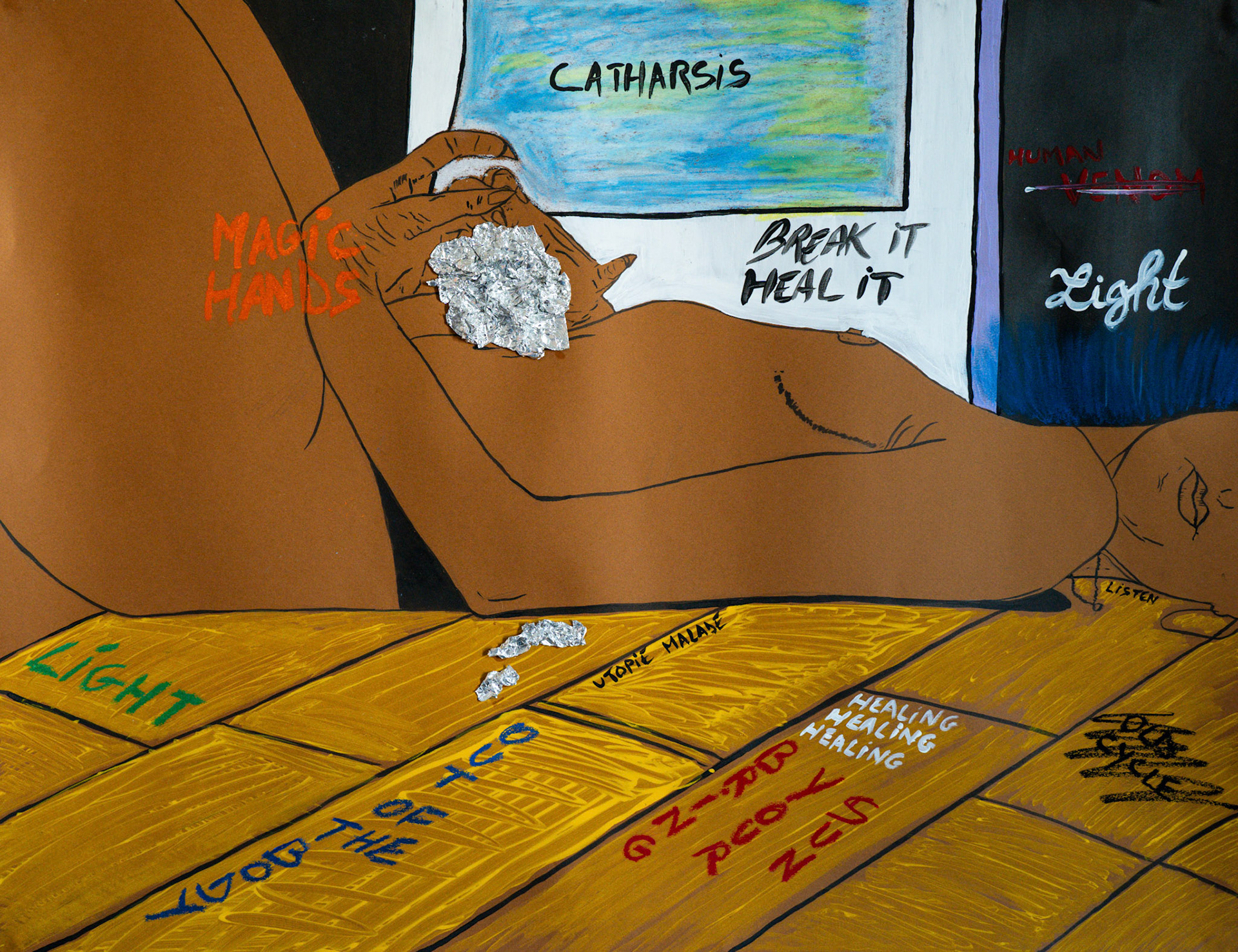 Sensually, 2025, 50x65cm, Acryliques, Encre de Chine, Pastels et Aluminium sur papier carton marron. (Prix sur demande)