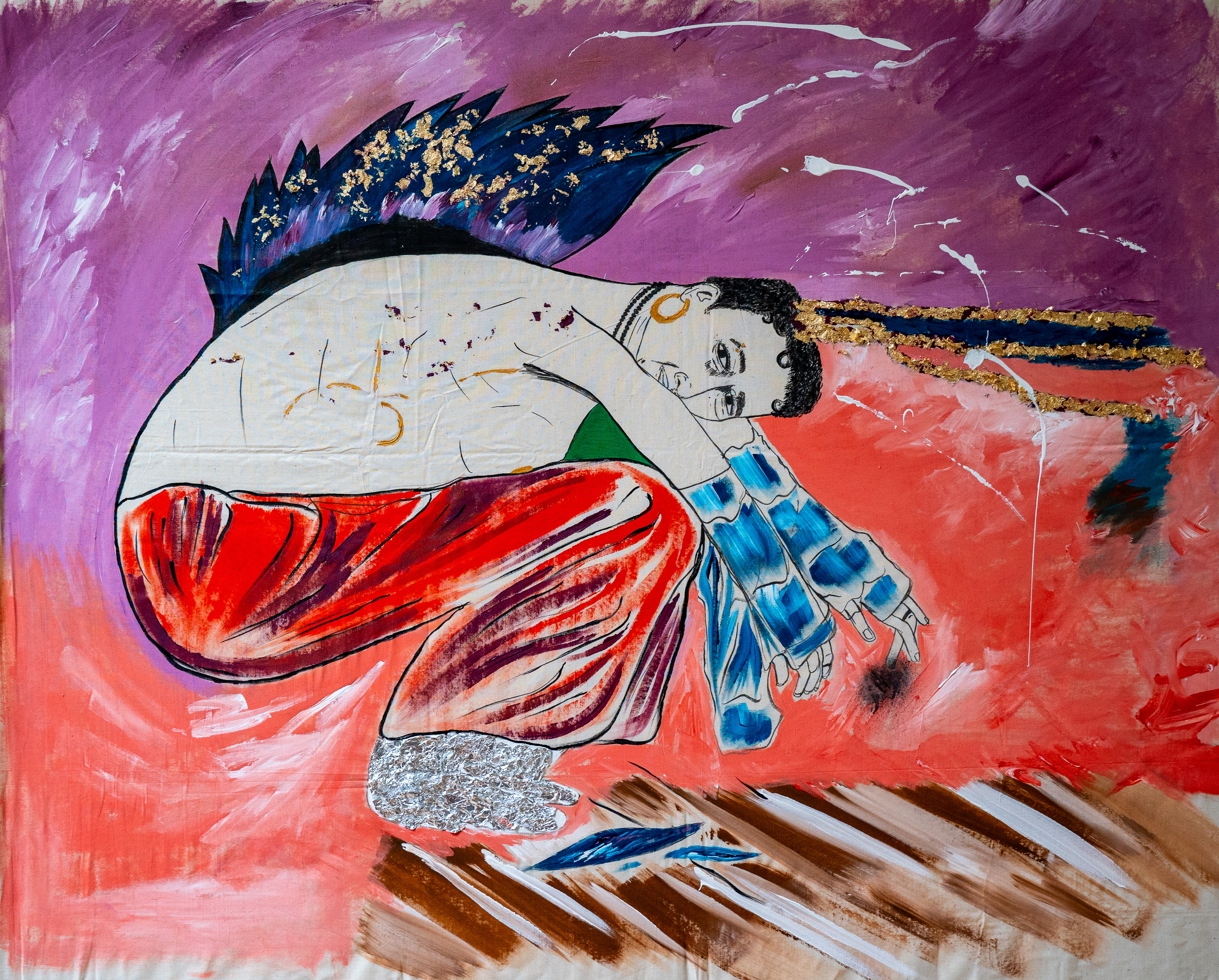 Rebirth of an Angel, 2025  India ink, acrylic and gold flakes on raw canvas (unstretched) 100 × 130 cm. Price on request.