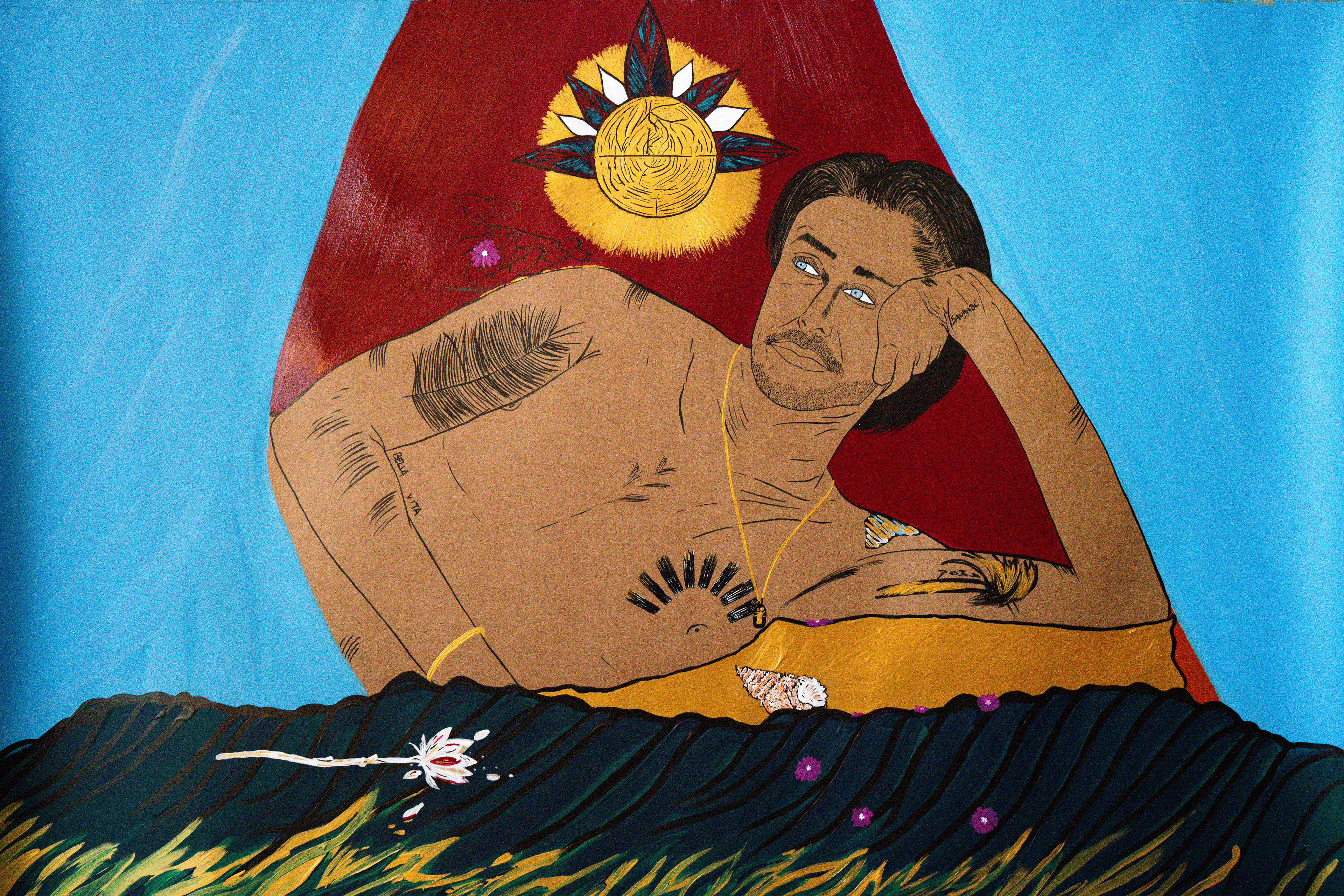 Tattoos and seashells, 2025, 72x112cm, Encre de Chine et Acryliques sur papier kraft. (Prix sur demande)