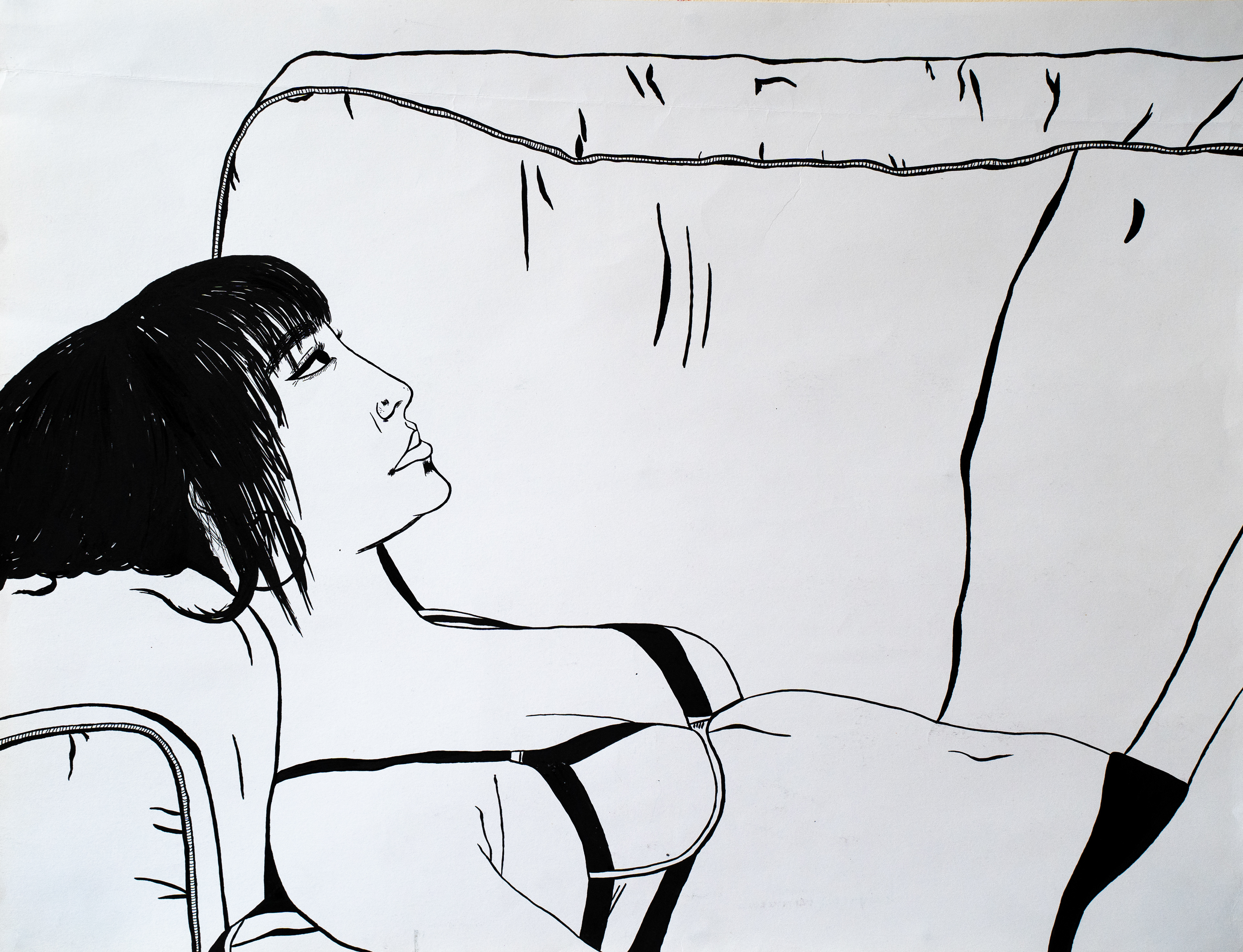 Canapé rouge. Encre de Chine.