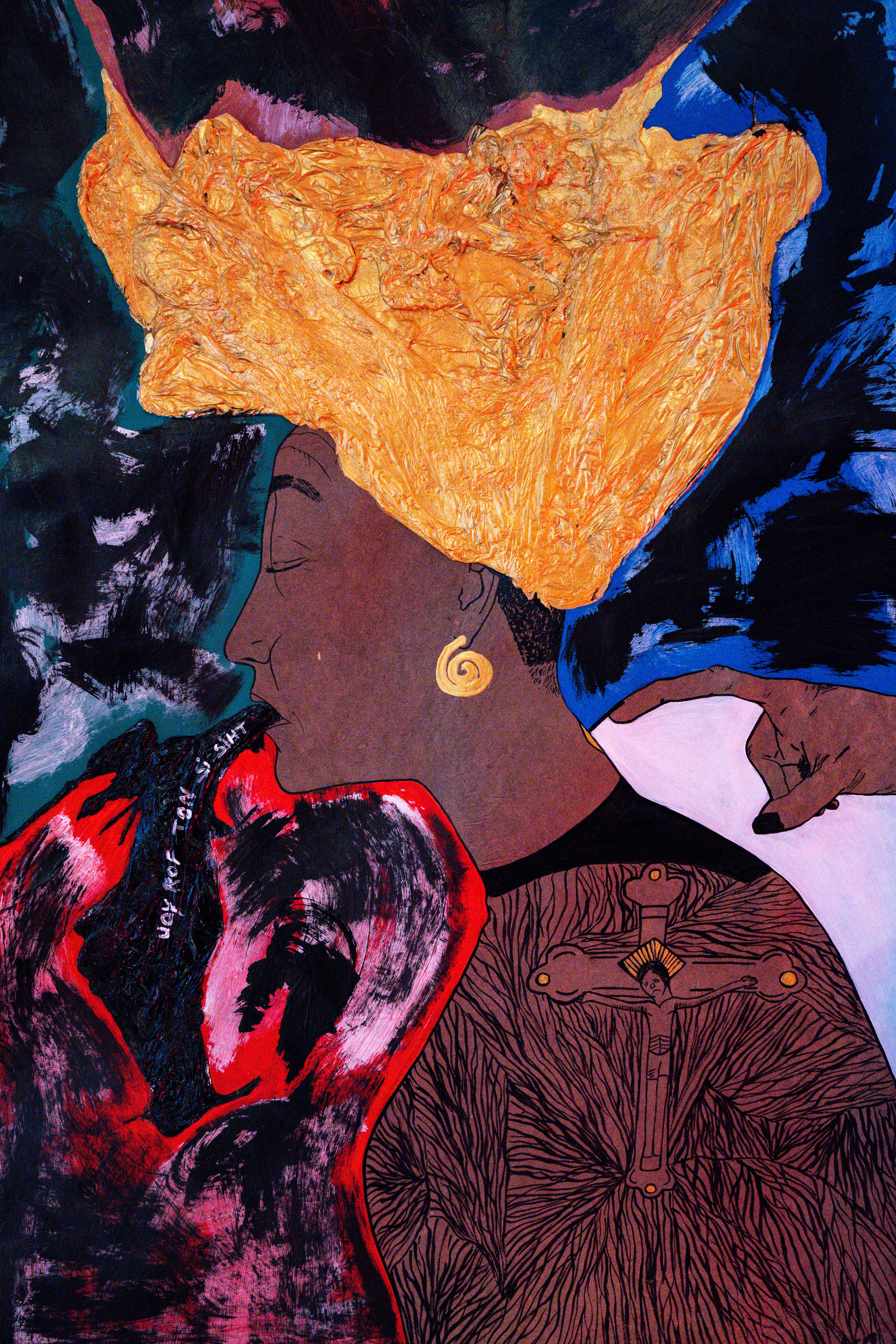 Remember, 2025  Acrylic, India ink and relief using gold plastic tarpaulin on handmade Lokta paper 76 × 50 cm €2,300