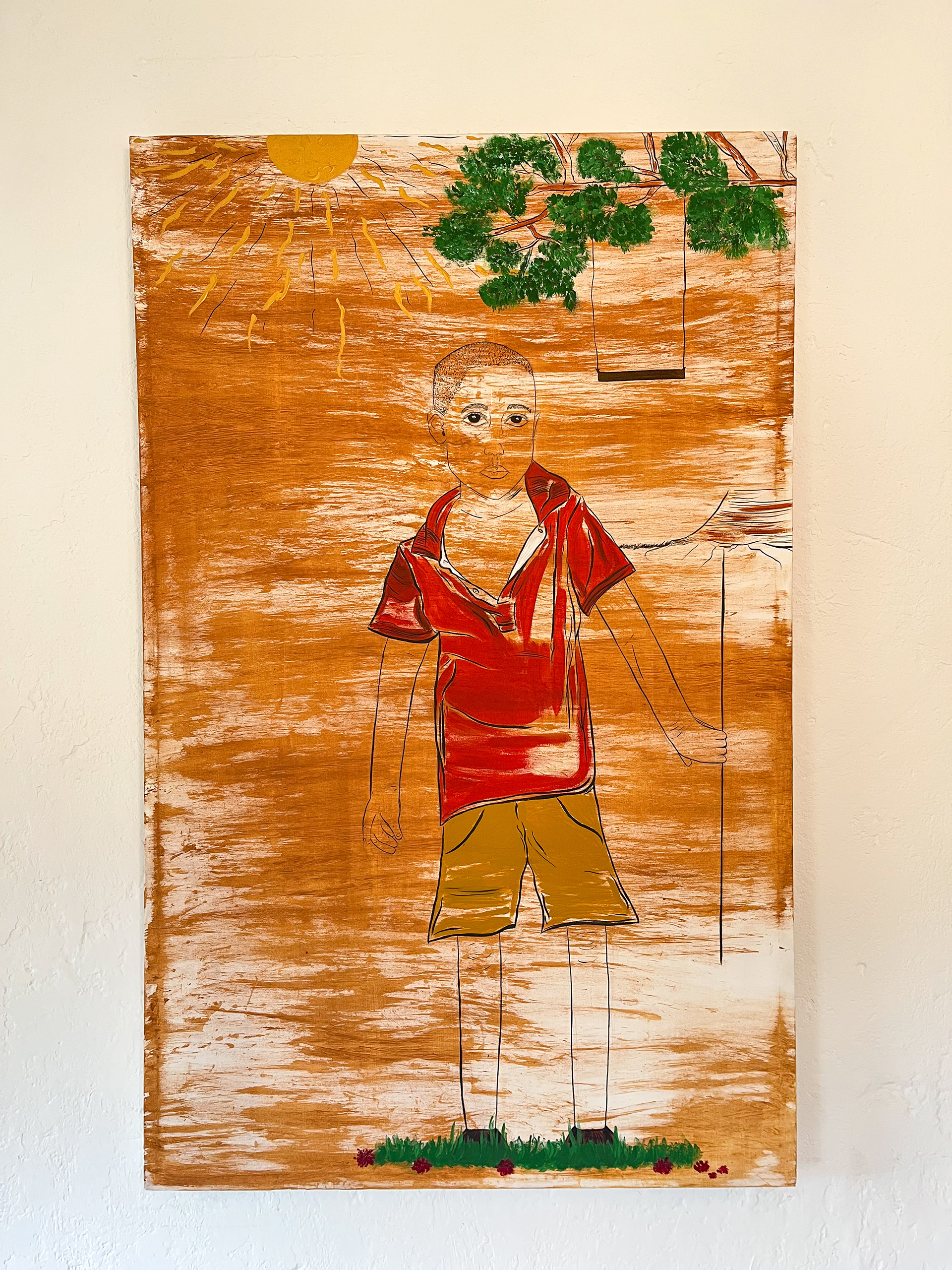 HOME COMING - Protect our kids, 2026, Encre de Chine, acrylique et terre du village maternel sur toile. 143x89,5cm.