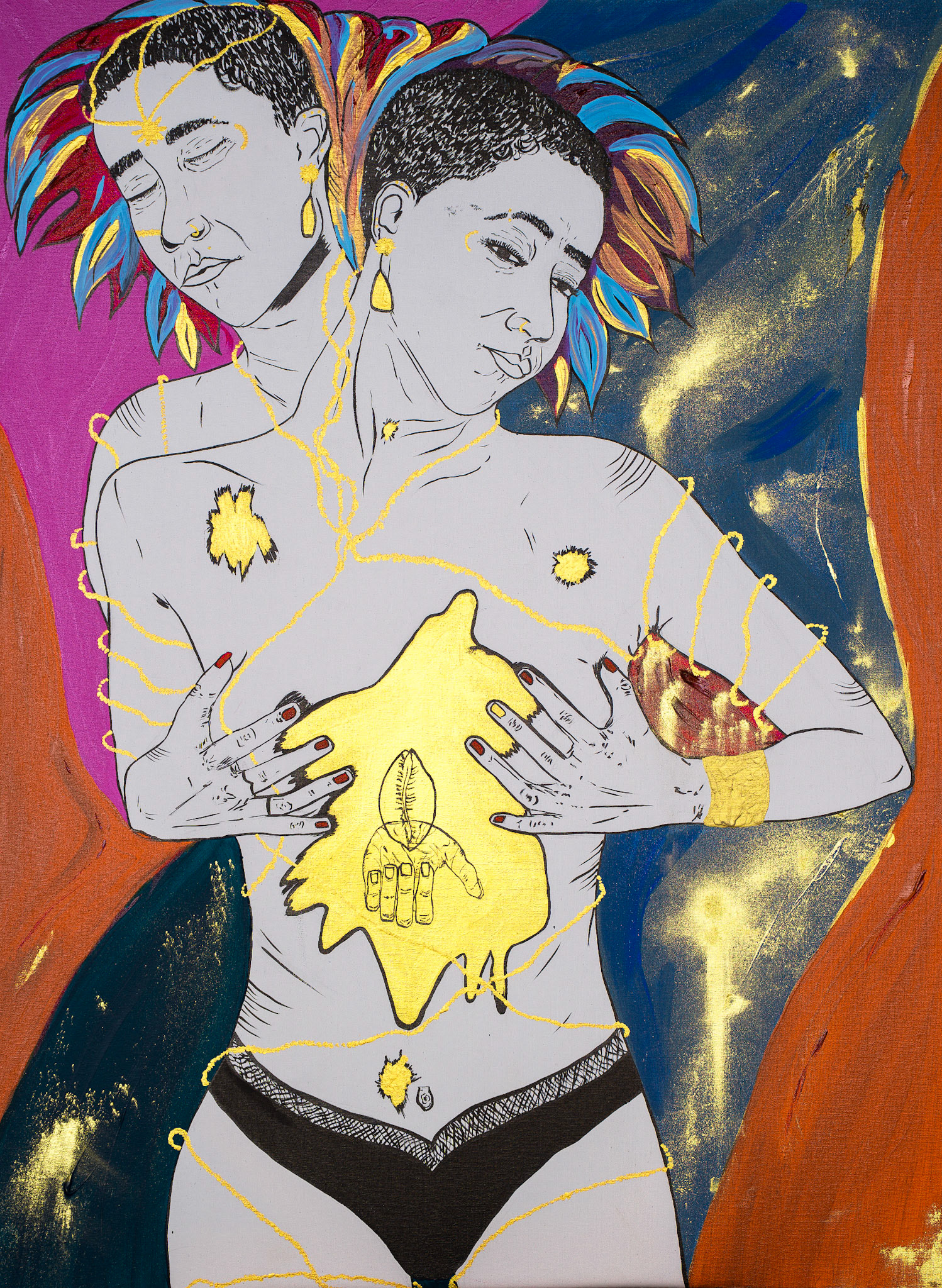 Reprendre son feu, 2025, 60x80cm, Encre de Chine et Acryliques sur toile. (Prix sur demande)