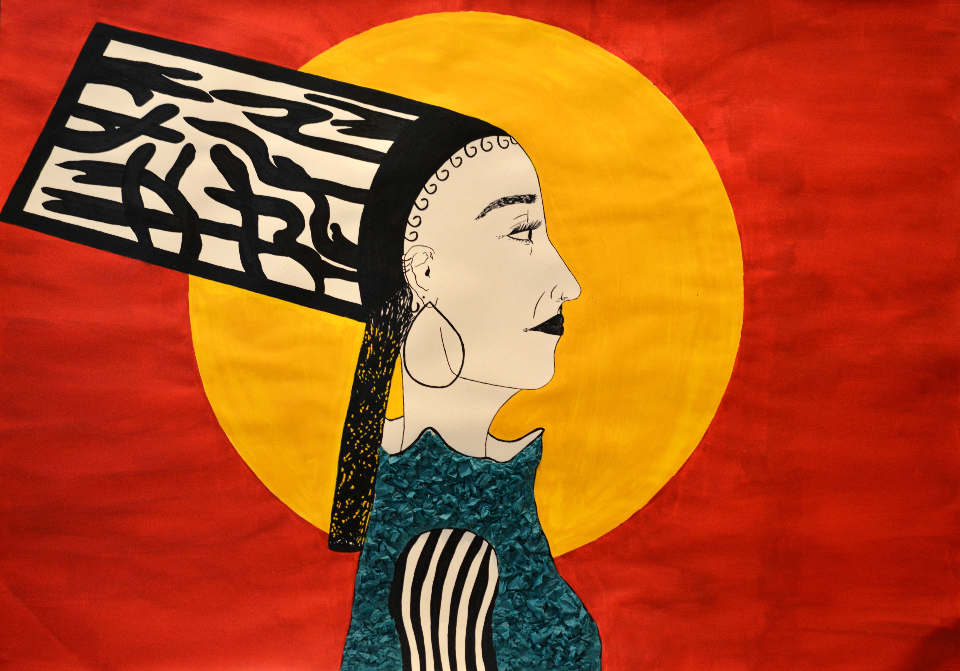 Imaginary queen, in the rising sun. Encre de Chine, acryliques et papier mâché en relief.