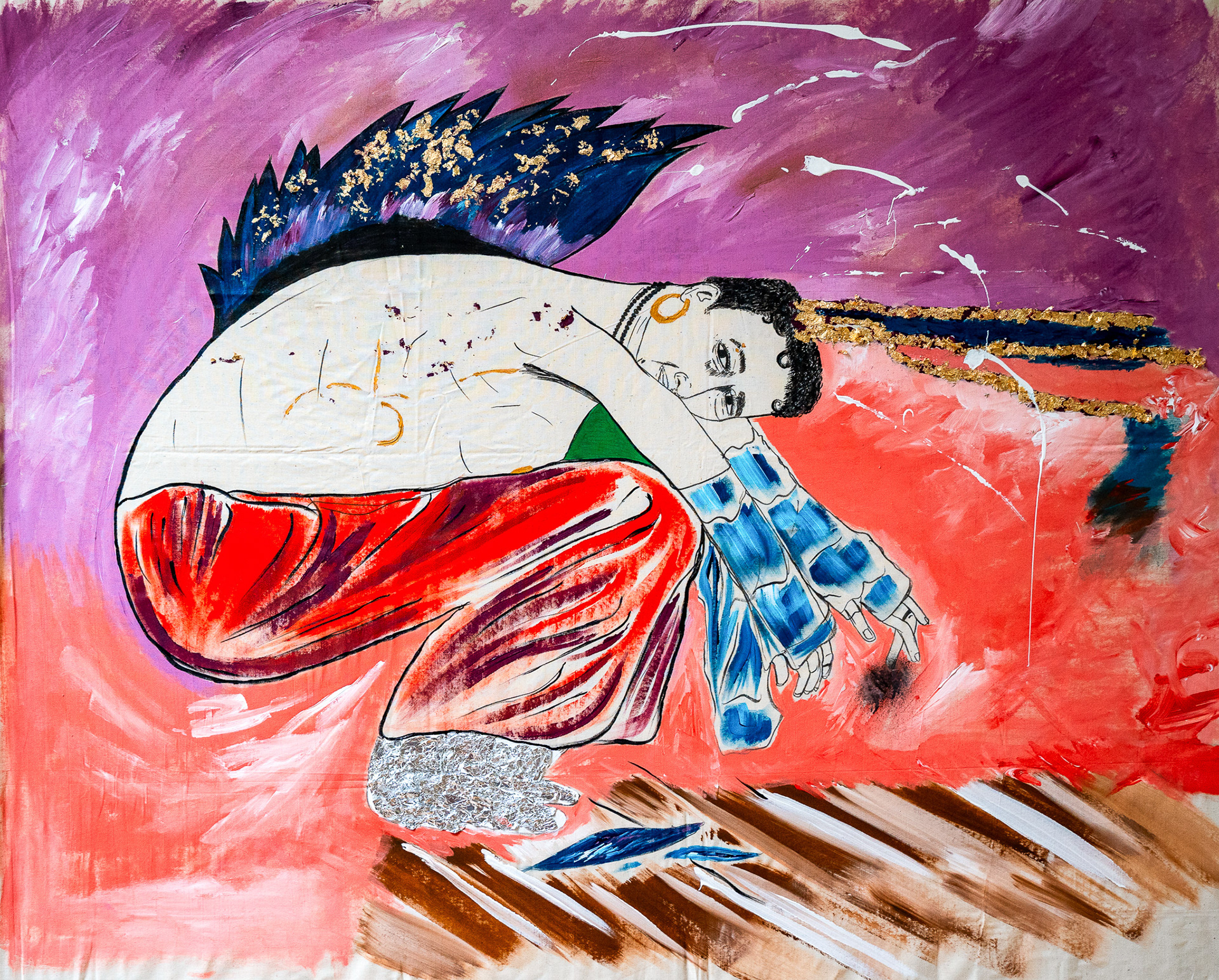 Renaissance d'un ange. 100x130cm. Encre de Chine, acryliques, aluminium et étincelles dorées sur toile. 2025. (Prix sur demande)