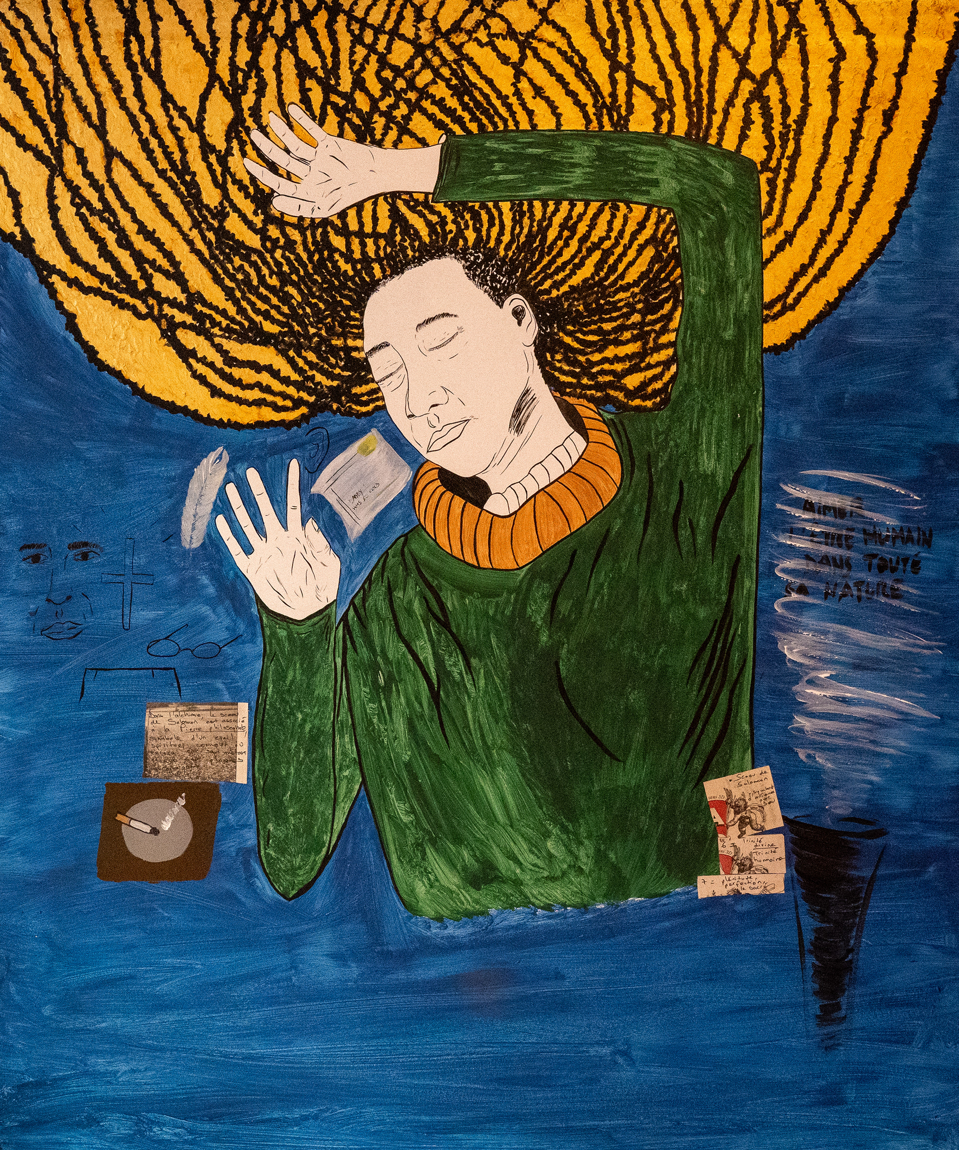 Ici  et là. 2025.120x100cm. Encre de Chine, Acryliques et collages sur plaque de plâtre.