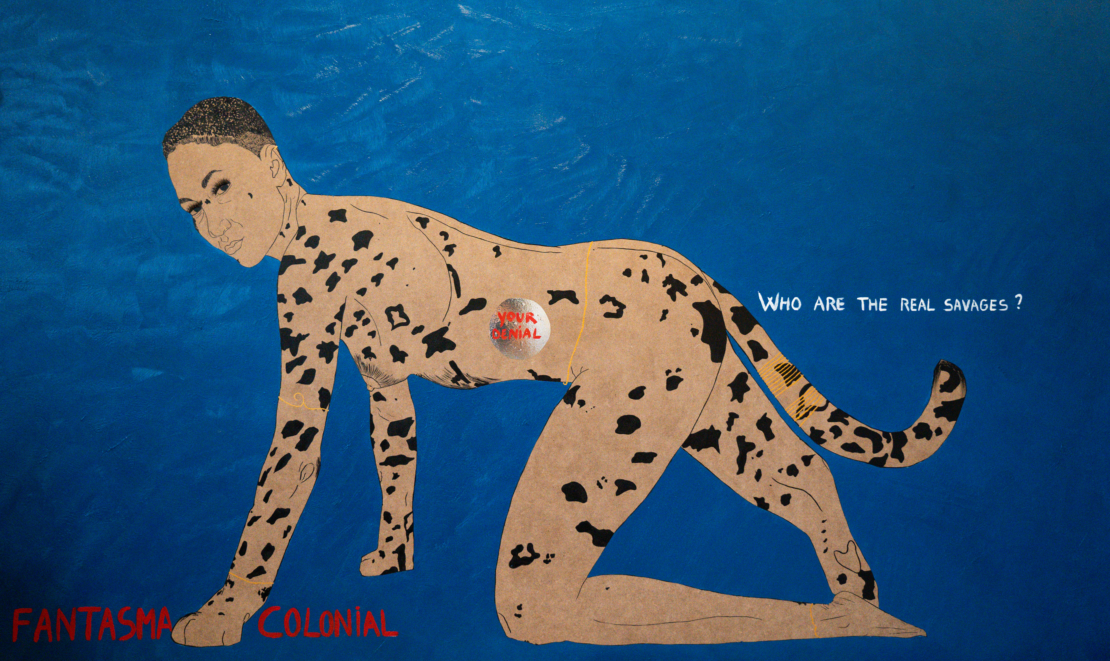 Panthère. 2025. 100x200. Encre de Chine, Acryliques et collages sur bois. (Prix sur demande)