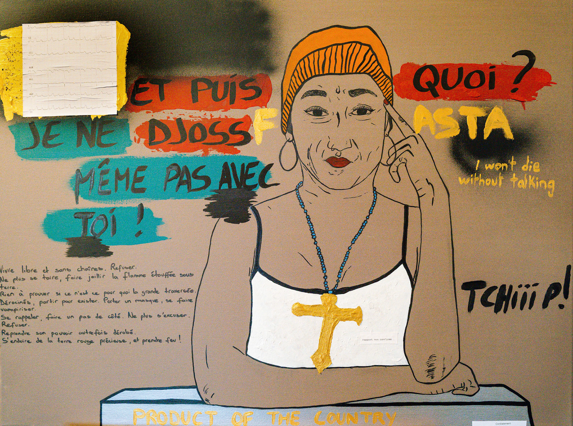 Sans chaînes, 2024, 70x60cm, Acryliques, Encre de Chine et Collages sur toile. (Prix sur demande)