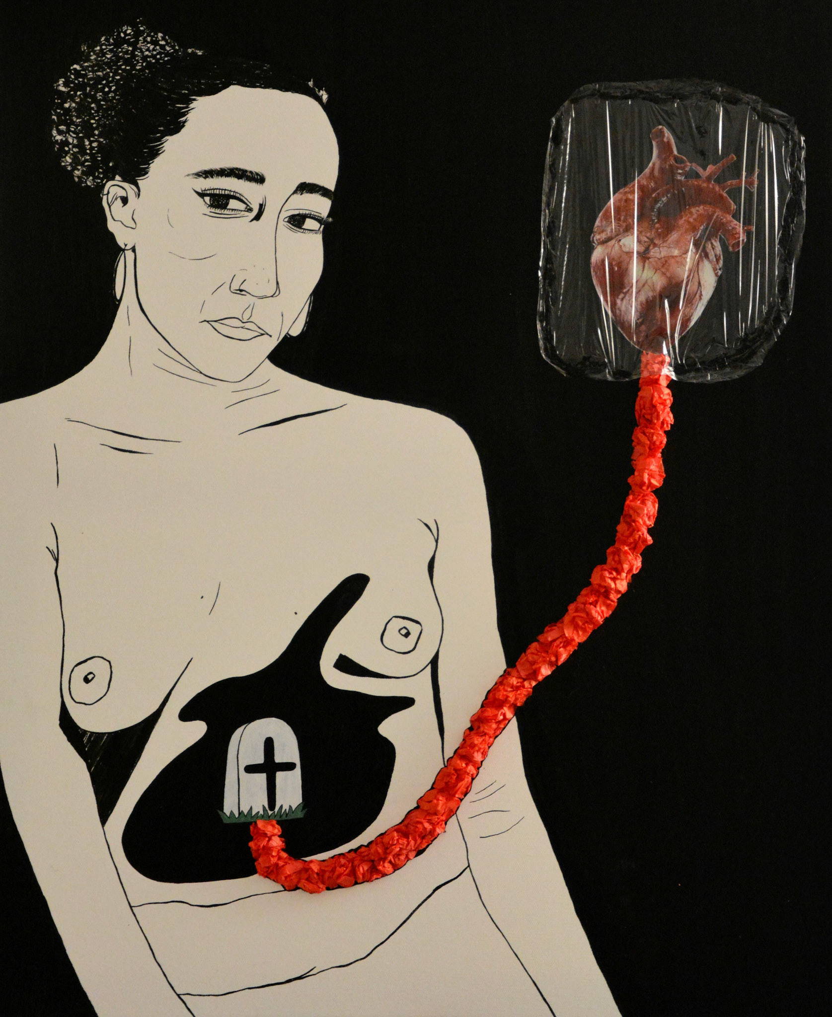 Plastifier son coeur, Autoportrait, 2021, 60x70cm, Encre de Chine, Papier mâché et Collages.