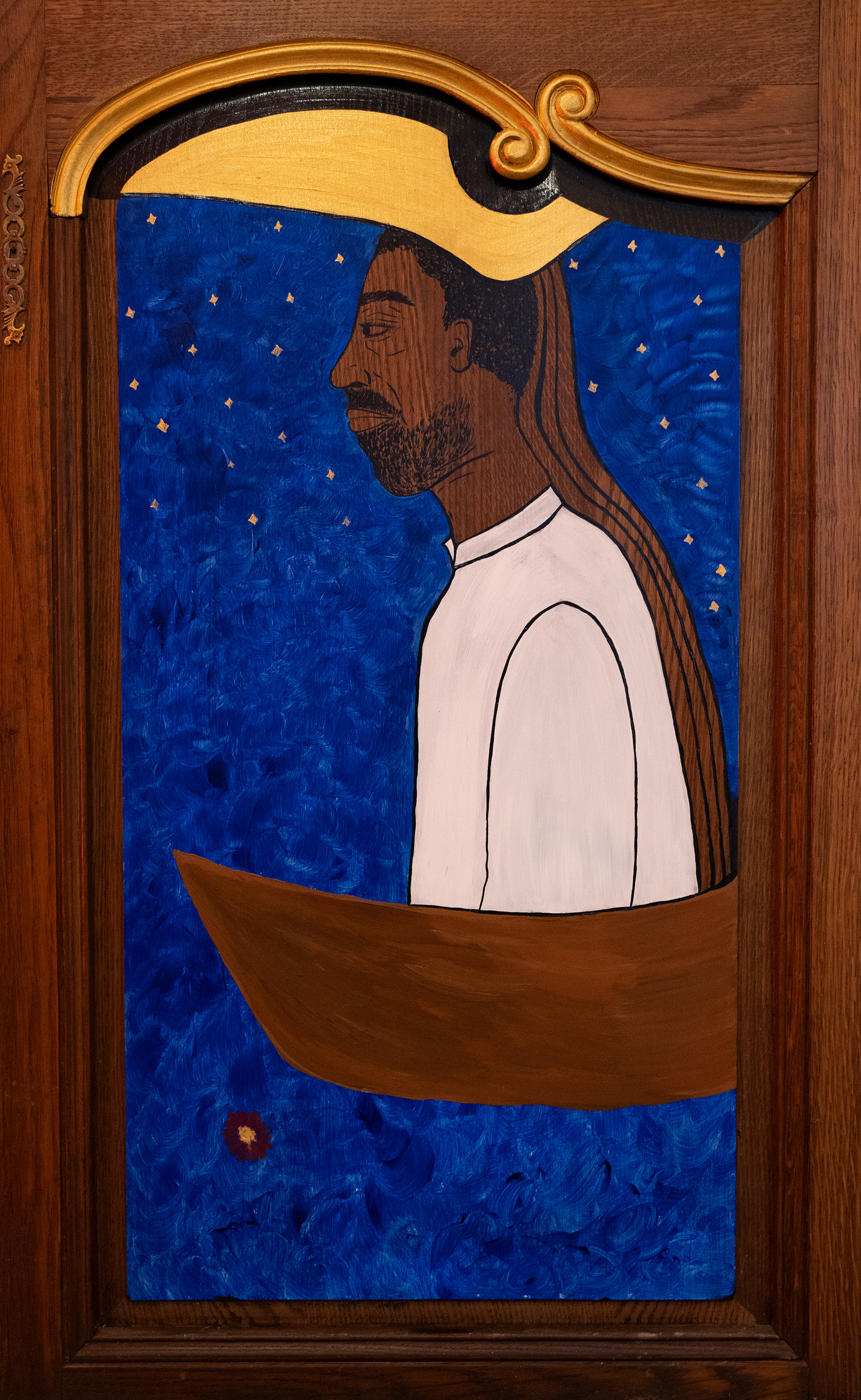 Série "Grande traversée". Encre de Chine et Acryliques sur porte de meuble en bois.