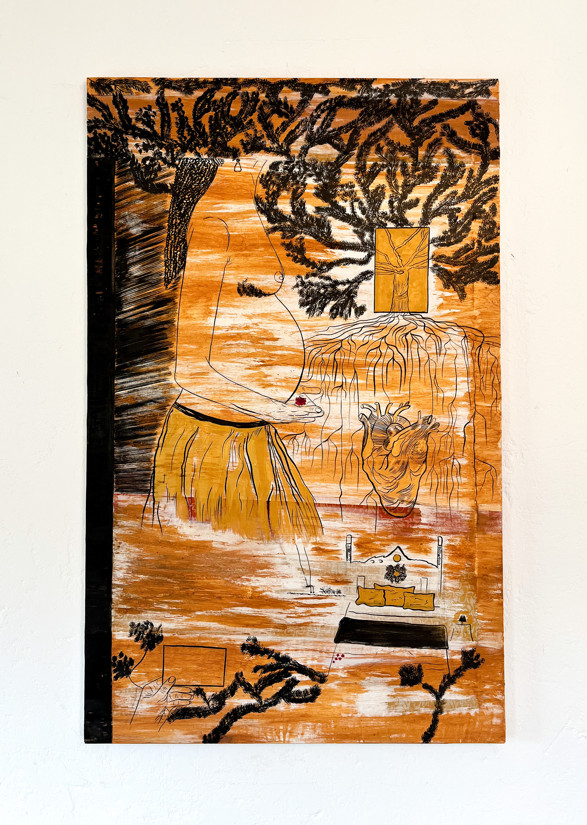 HOME COMING - Au cœur de soi, 2026, Encre de chine, acrylique et terre du village maternel sur toile. 143x89,5cm.