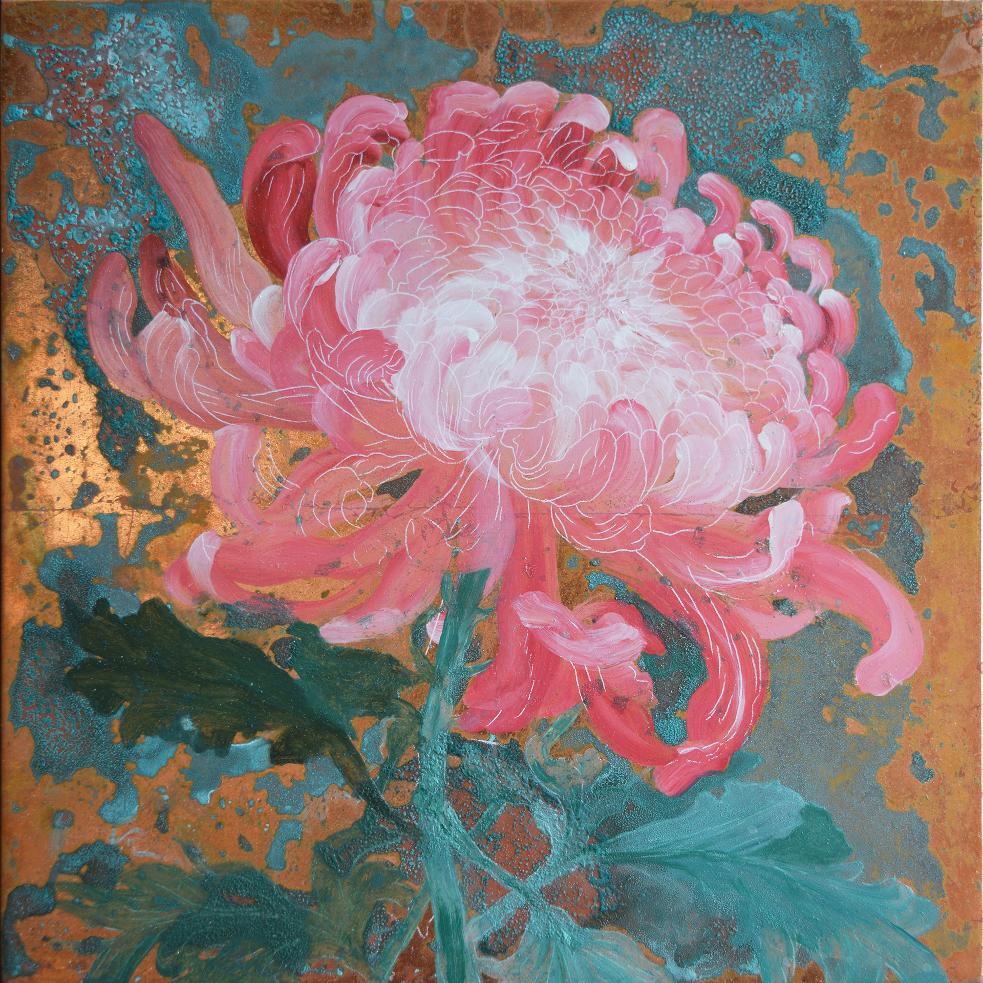 Chrysanthemum design hand-painted on genuine copper leaf