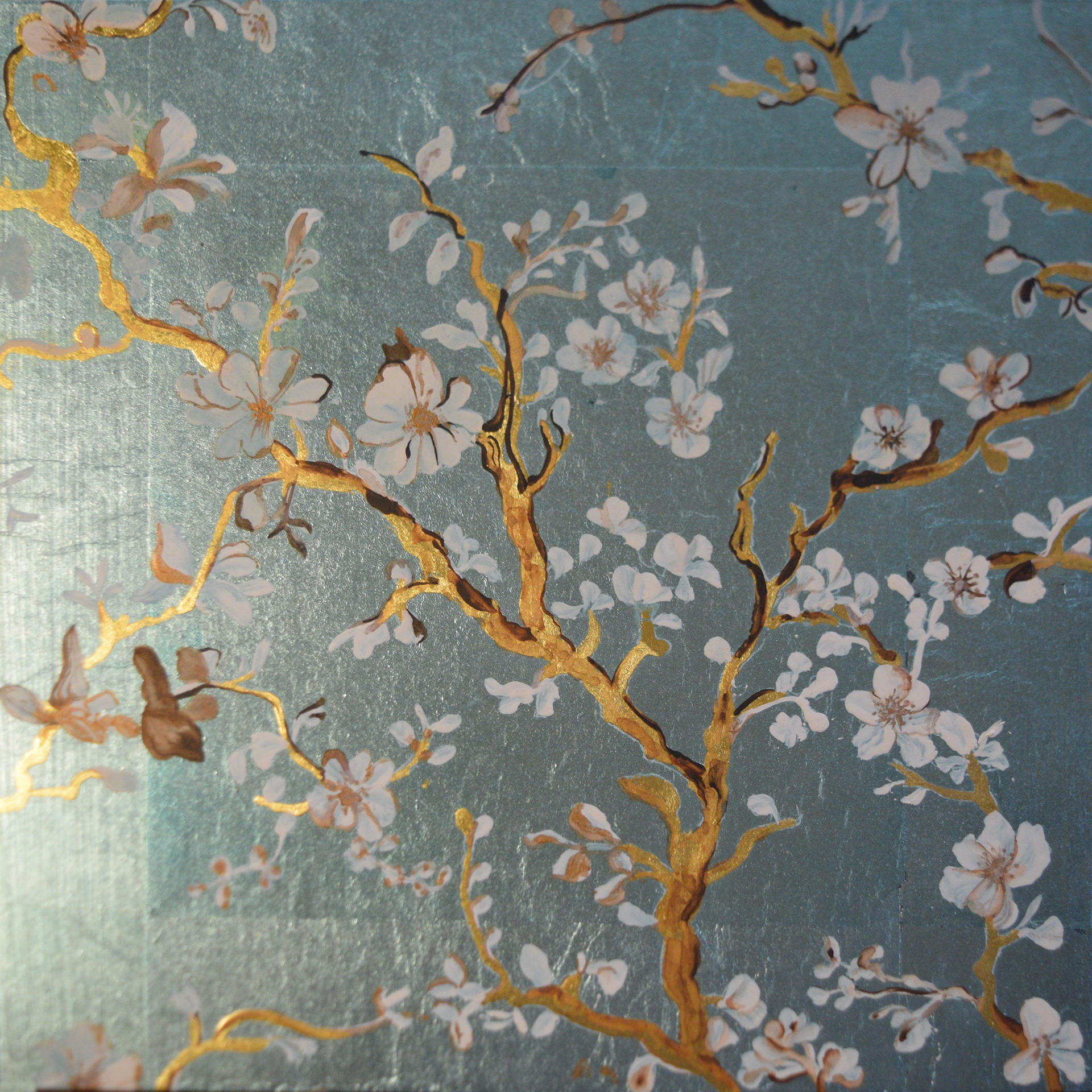 Chinoiserie cherry blossom on dyed ice blue genuine silver